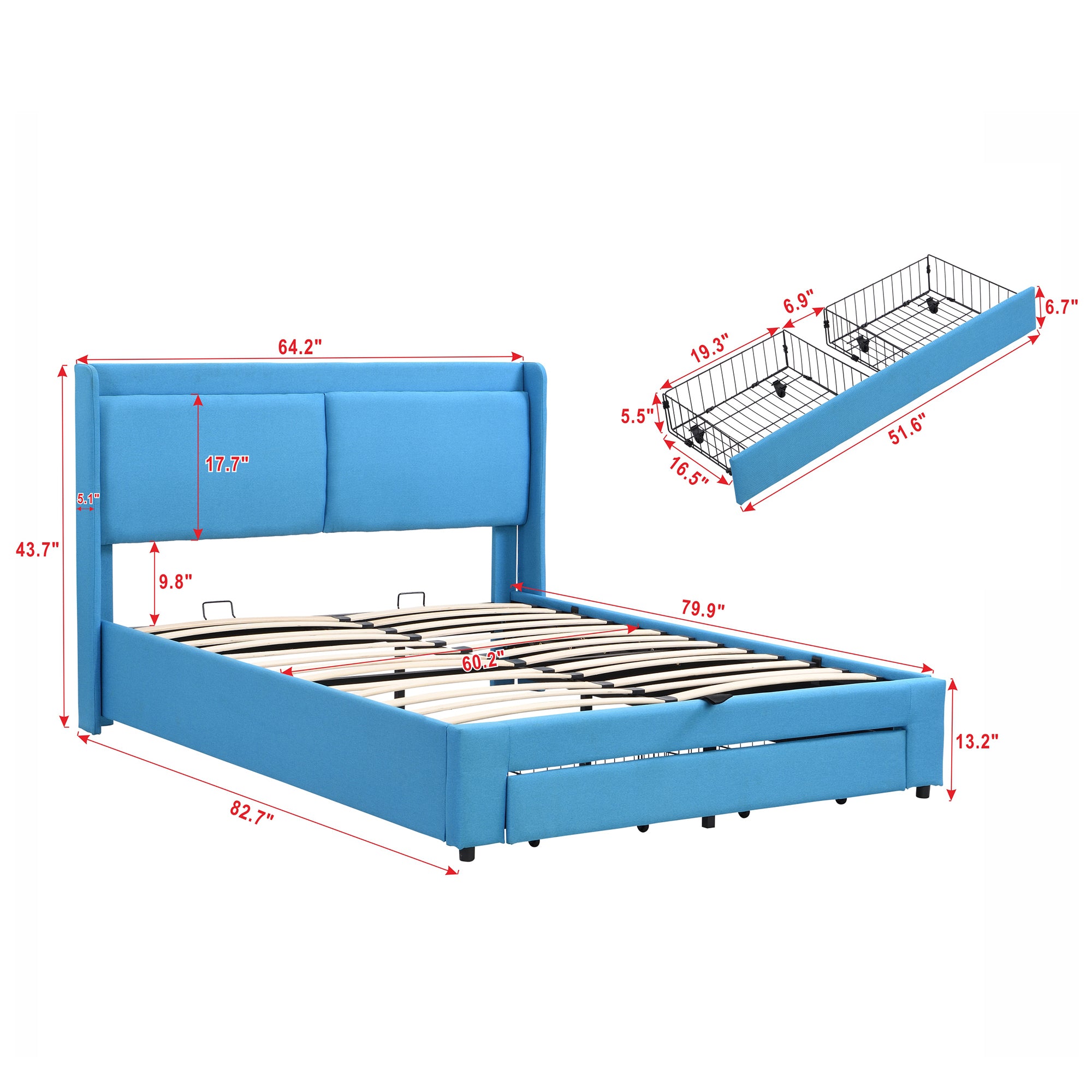Queen Size Storage Upholstered Hydraulic Platform Bed with 2 Drawers, Blue