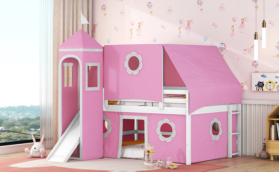 Full Size Bunk Bed with Slide Pink Tent and Tower - Pink