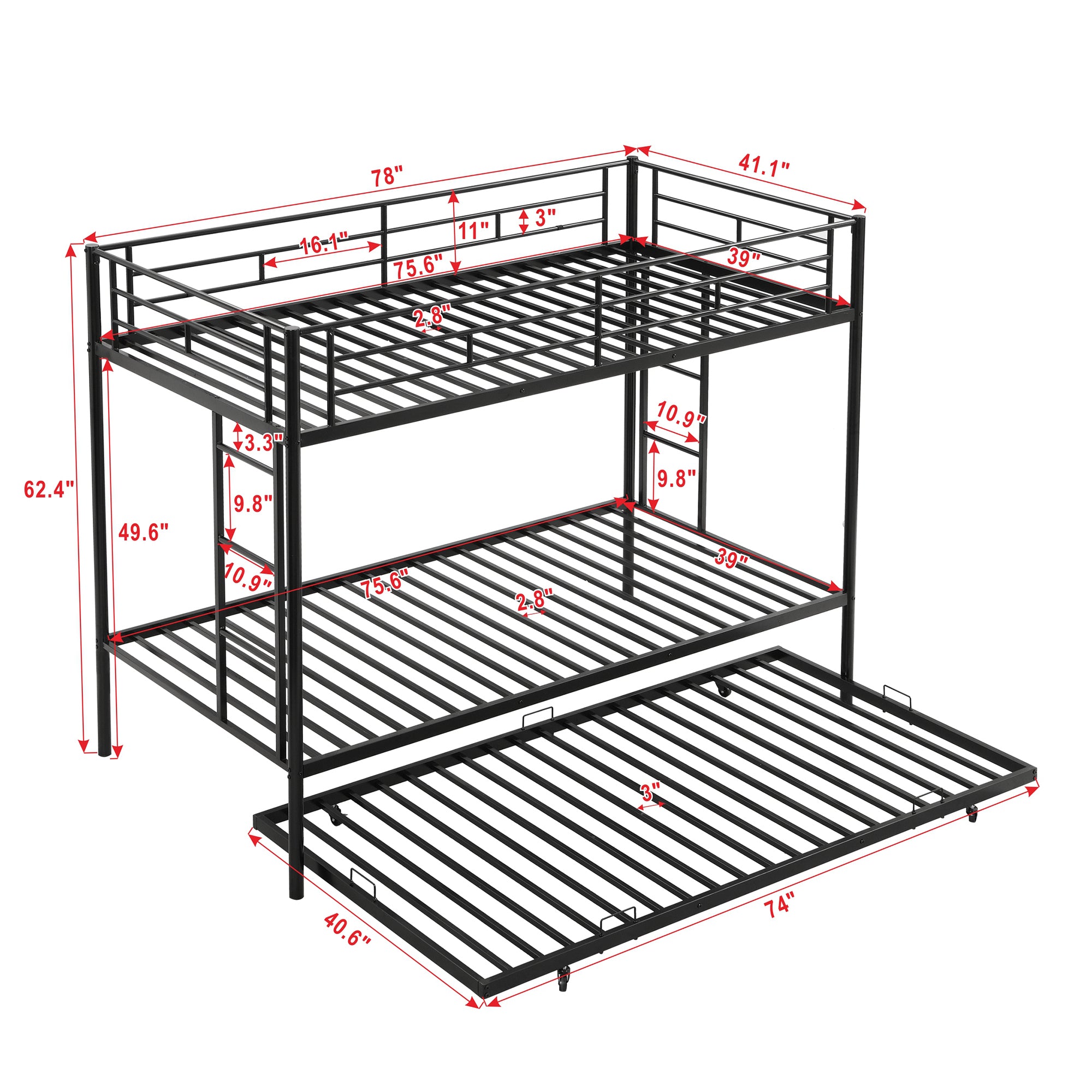 Twin over Twin Bunk Bed with Trundle, Black