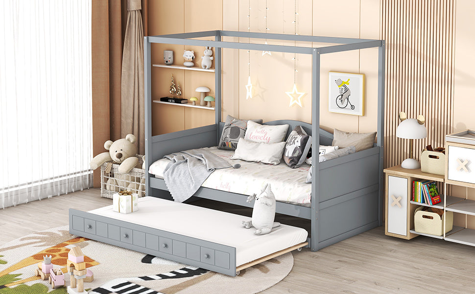 Twin Size Canopy Day Bed with twin size Trundle, Gray