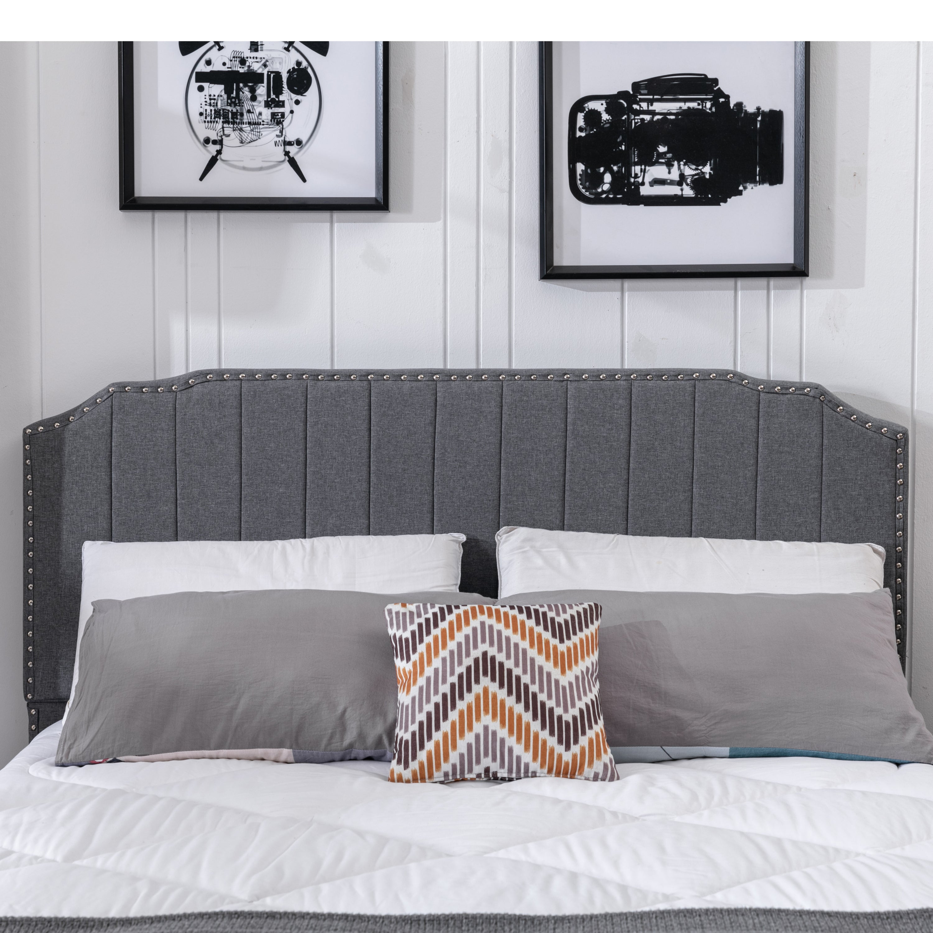 DongHeng Queen Size Bed with Headboard, Modern Linen Curved Upholstered Platform Bed , Solid Wood Frame , Nailhead Trim, Gray