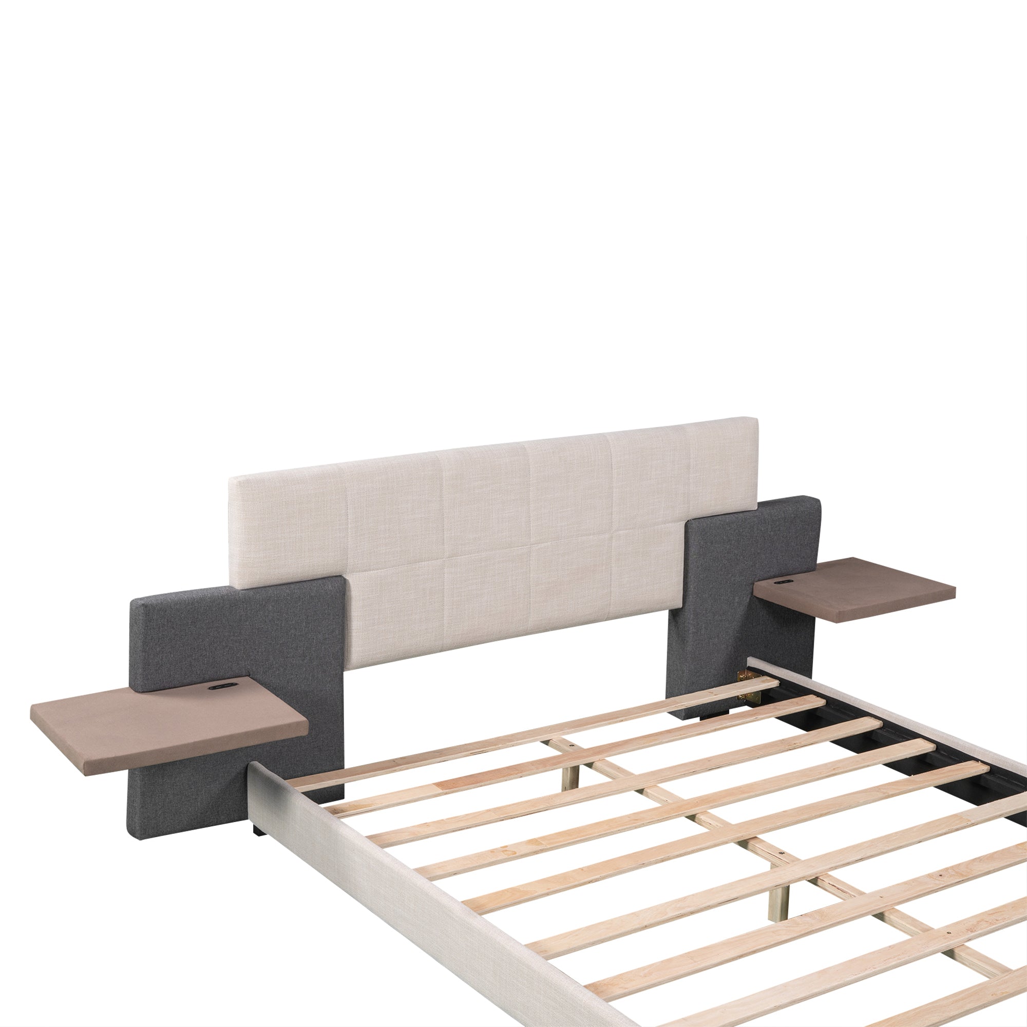 Queen Size Upholstered Platform Bed with Bedside Shelves and USB Charging Design, Beige+Gray