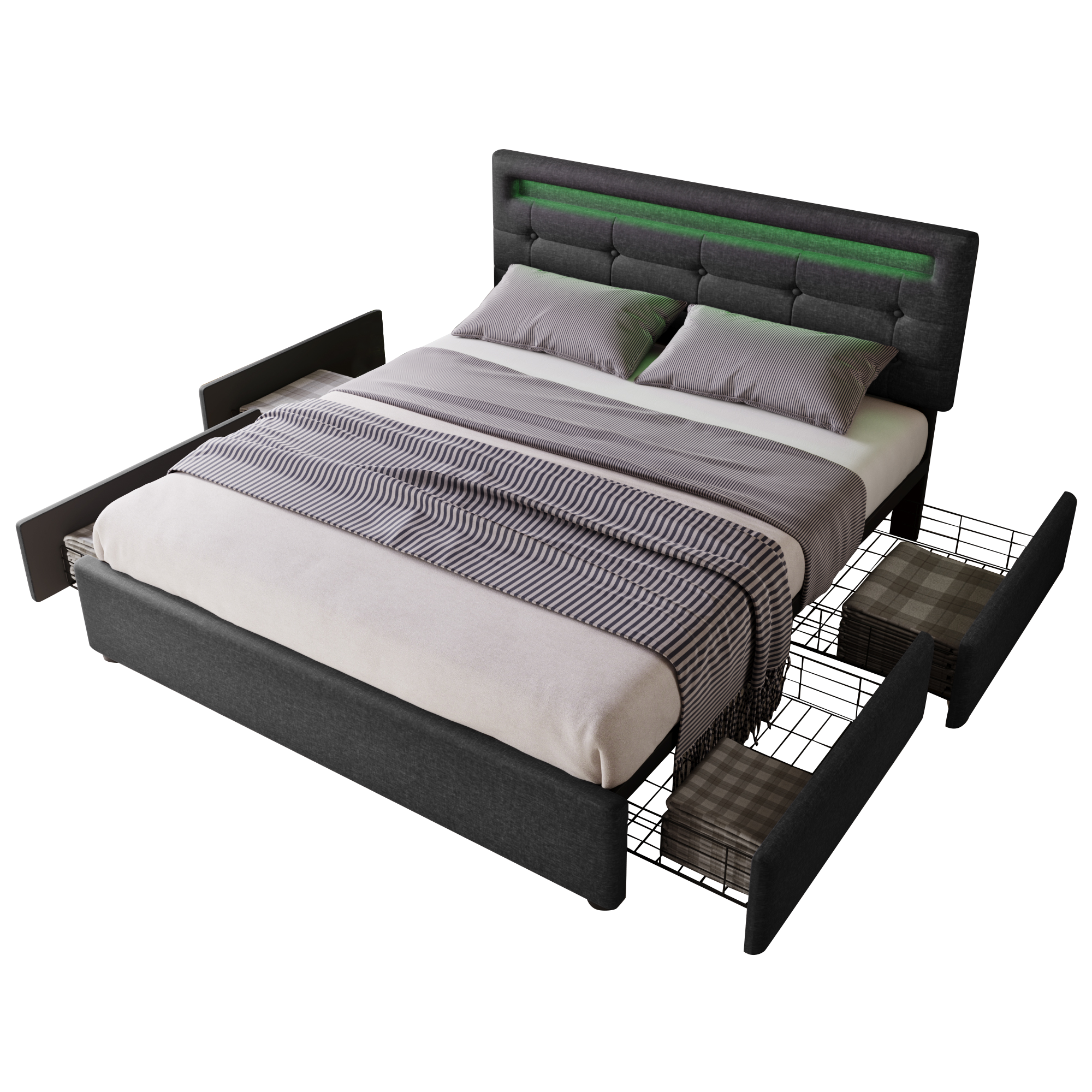 Bed Frame Full Size, Upholstered Platform Bed Frame with 4 Storage Drawers and LED Lights & Adjustable Headboard,No Box Spring Needed,Grey