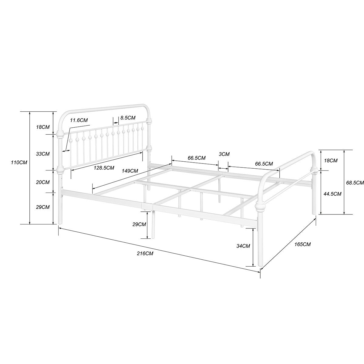 86.4" L X 59.6" W X 44"H Metal Bed Frame Queen Size Standerd Bed Frame - WHITE