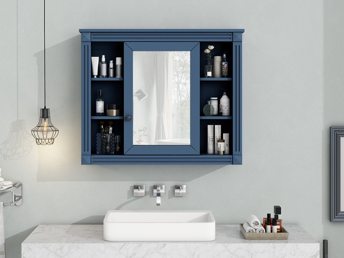 35'' x 28'' Royal Blue Wall Mounted Bathroom Storage Cabinet, Modern Bathroom Wall Cabinet with Mirror, Mirror Cabinet with 6 Open Shelves