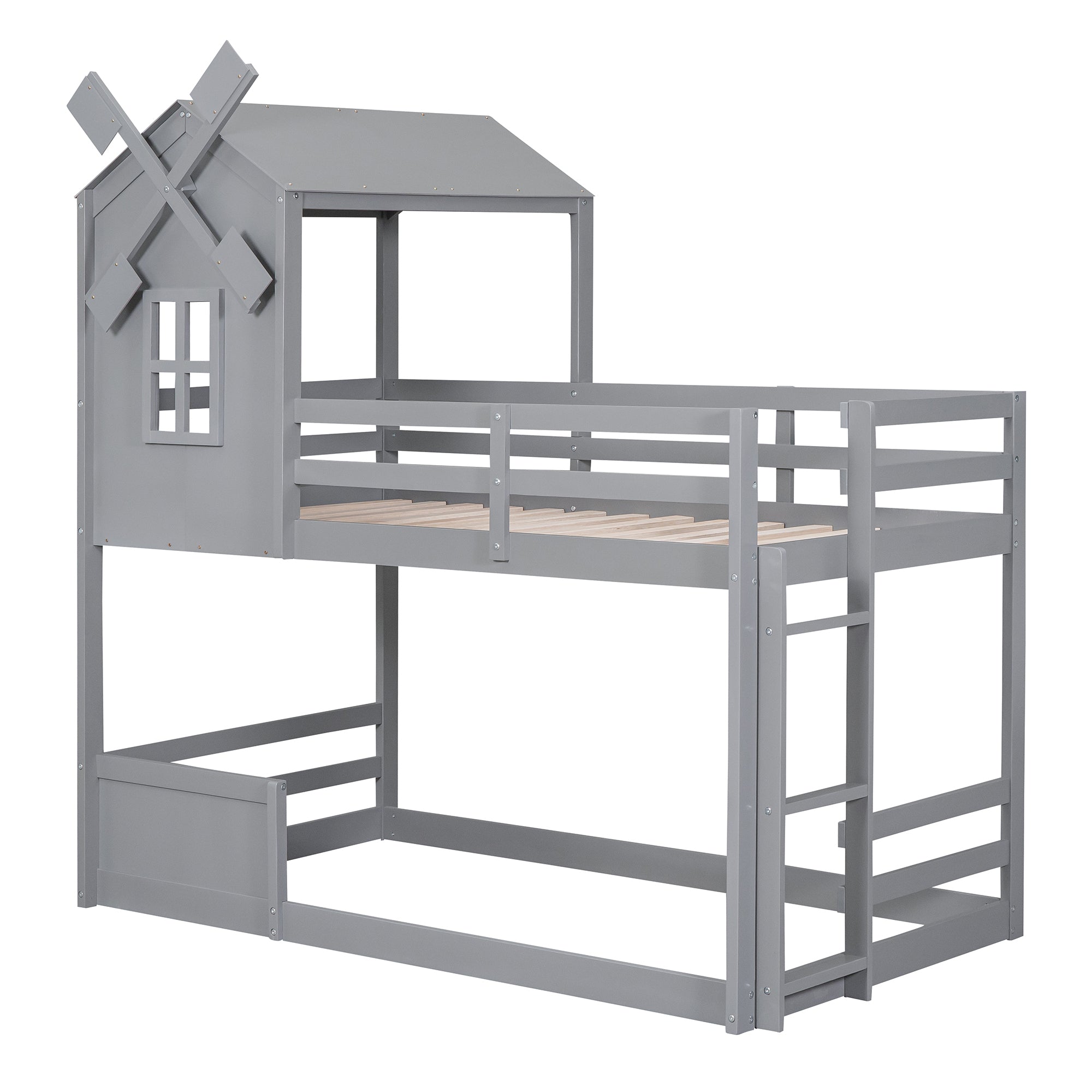 Twin over Twin Bunk Bed with Roof and Window, with Guardrails and Ladder, Gray