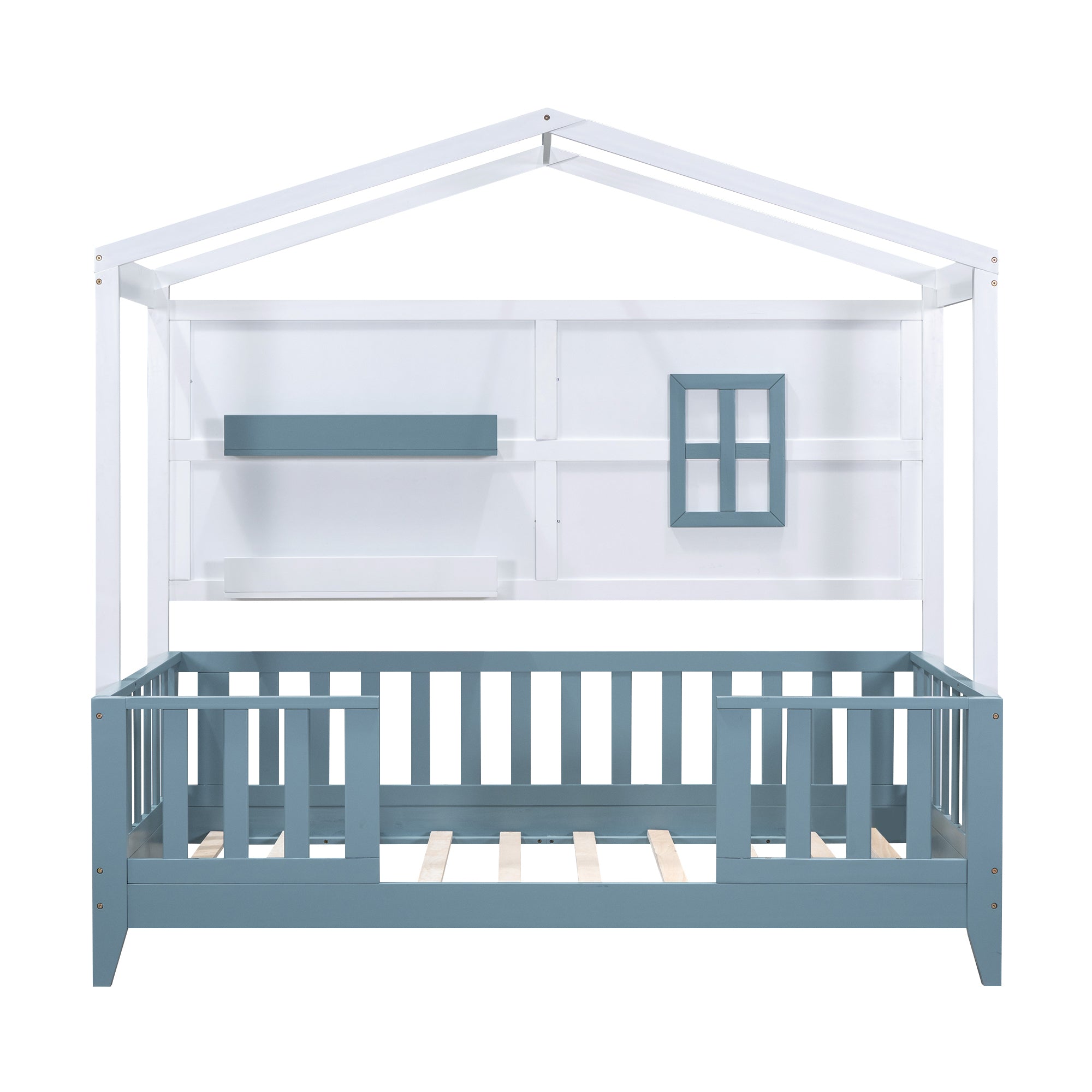 Twin Size Wood House Bed with 2 Shelves and Guardrail, White