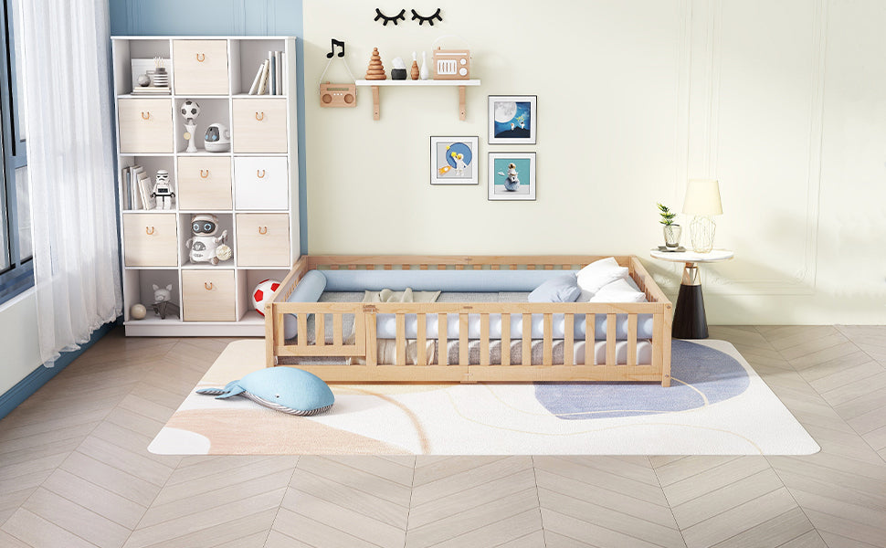 Queen Size Bed Floor Bed with Safety Guardrails and Door for Kids, Natural (Expect Arrival Date Nov.2nd)