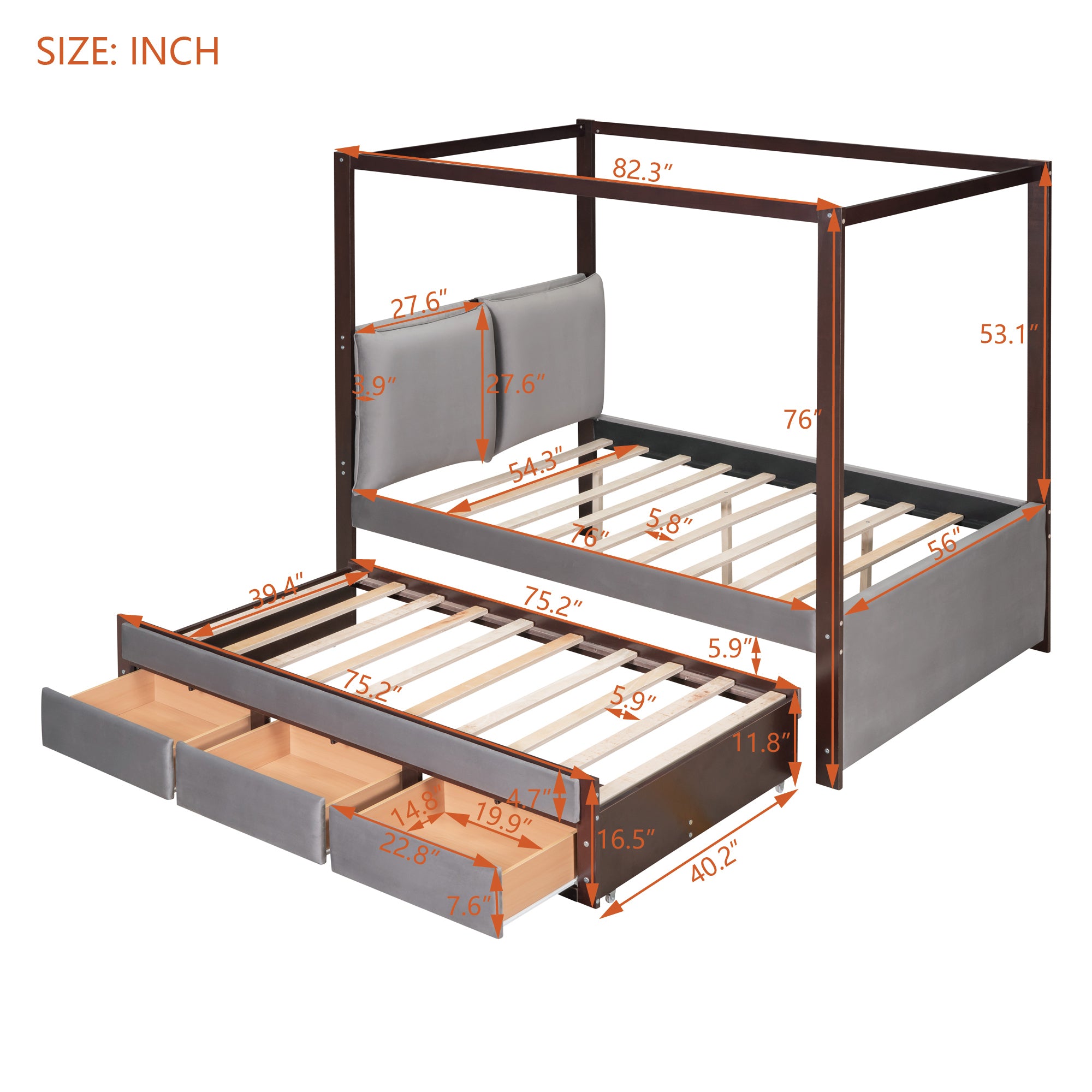 Full Size Upholstered  Canopy Bed with Trundle and 3 Drawers, Gray