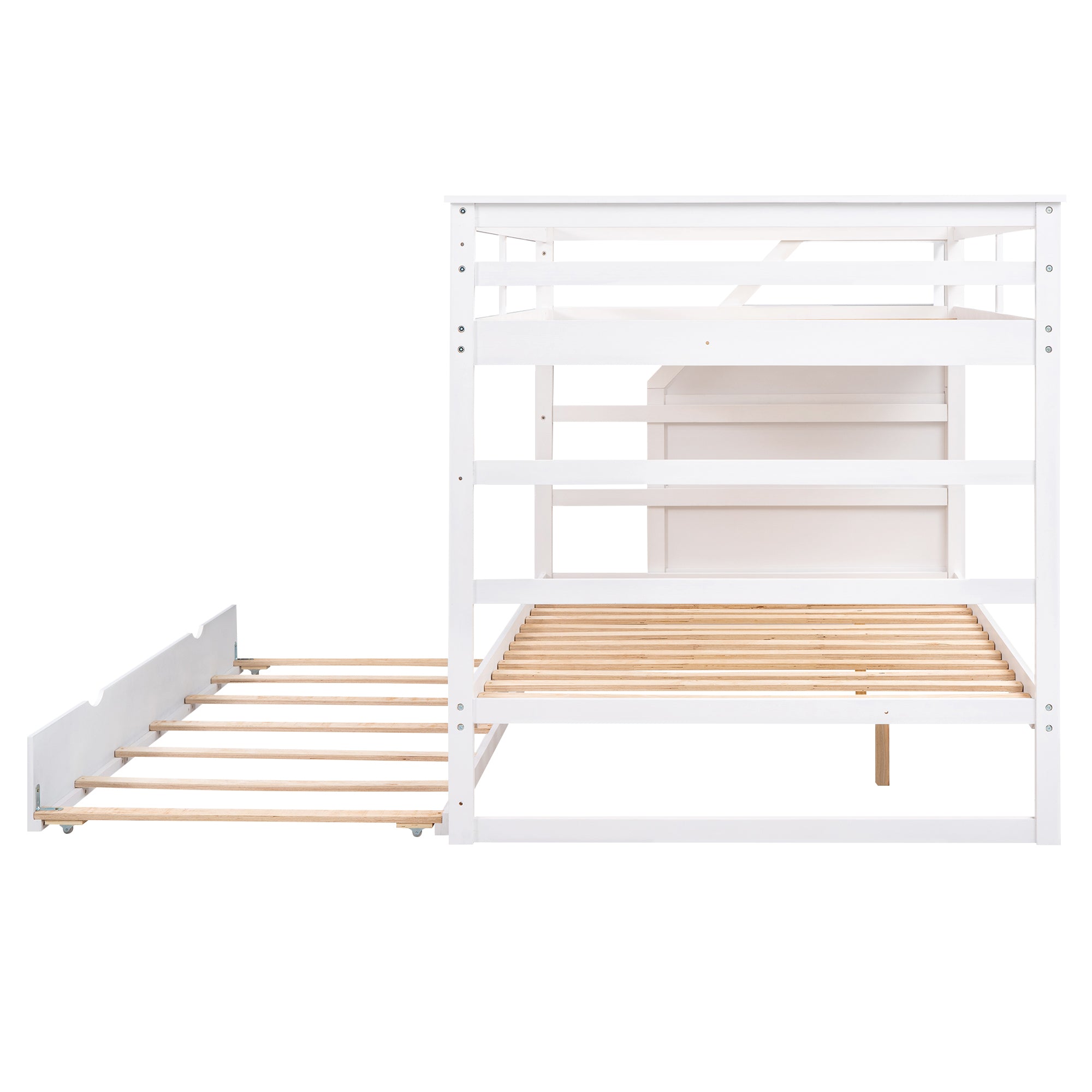 Full-over-Full Bunk Bed with Twin Size Trundle and 3 Storage Stairs,White