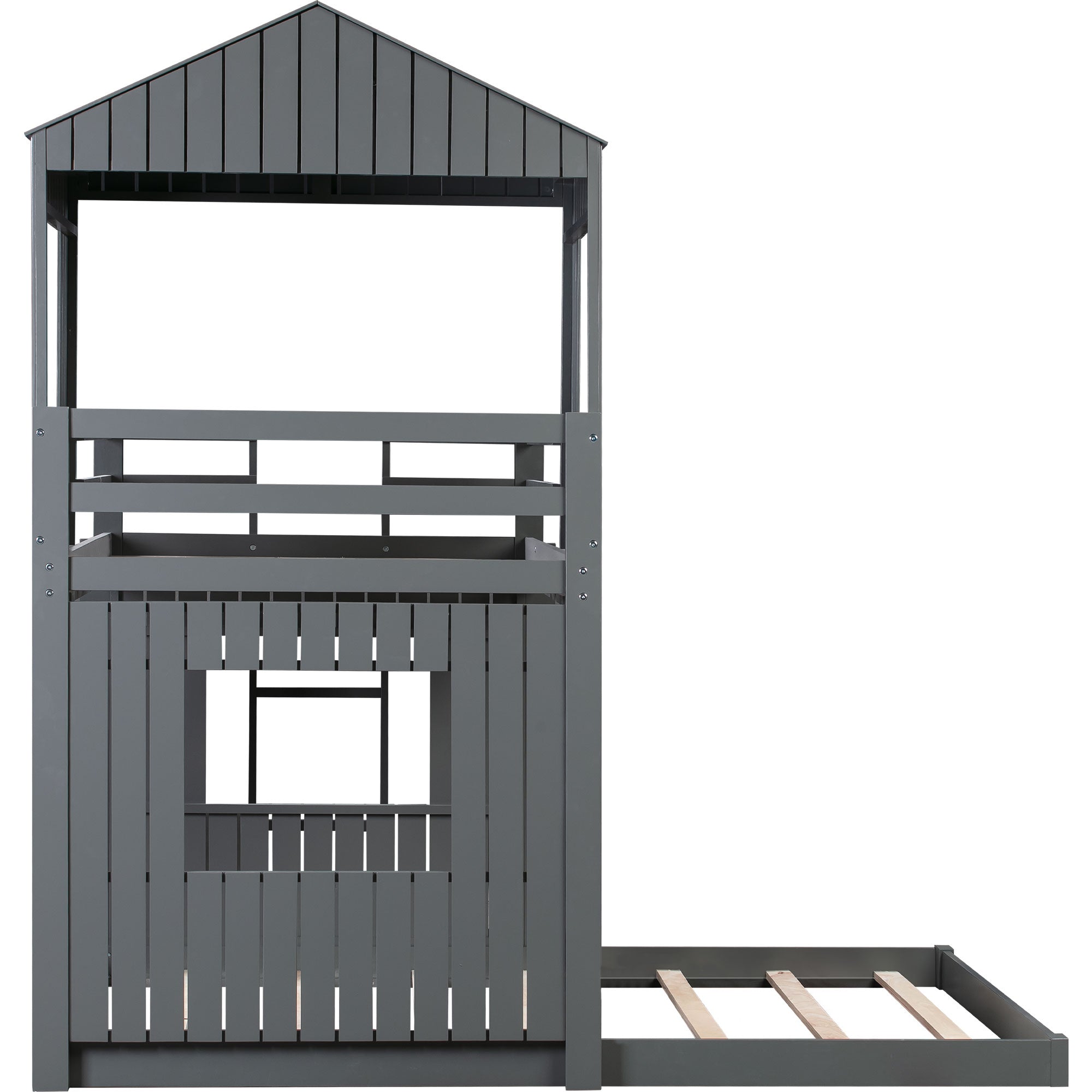 Wooden Twin Over Full Bunk Bed, Loft Bed with Playhouse, Farmhouse, Ladder and Guardrails , Gray( old sku: LT000027AAN )