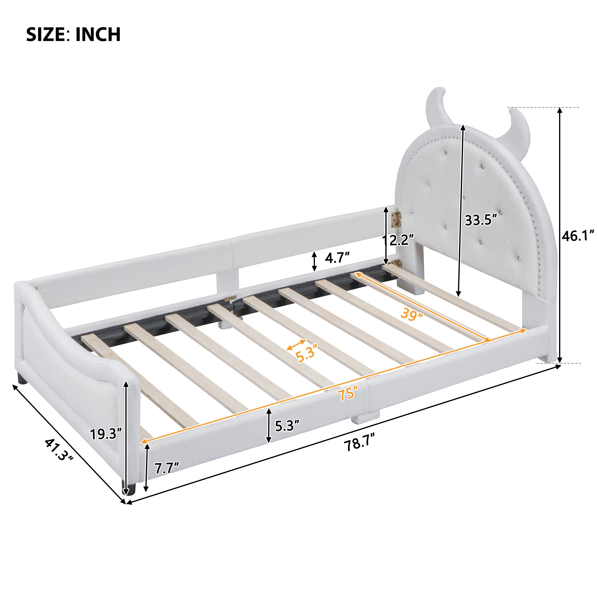 Teddy Fleece Twin Size Upholstered Daybed with OX Horn Shaped Headboard, White