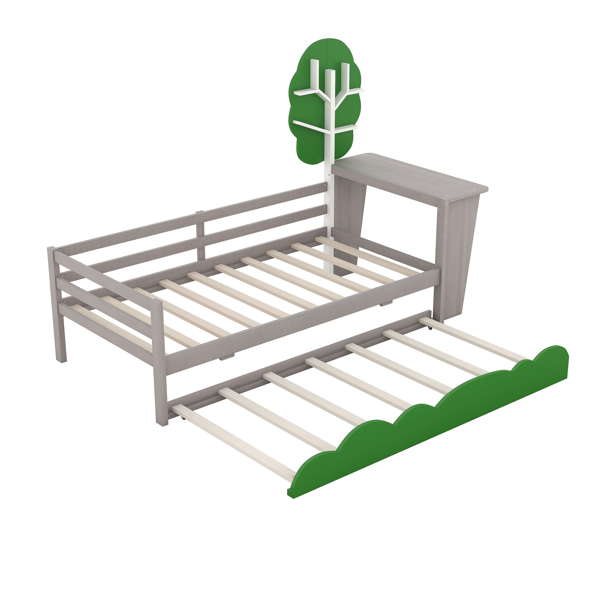 Twin Size Daybed with Desk, Green Tree Shape Shelves and Trundle, Gray