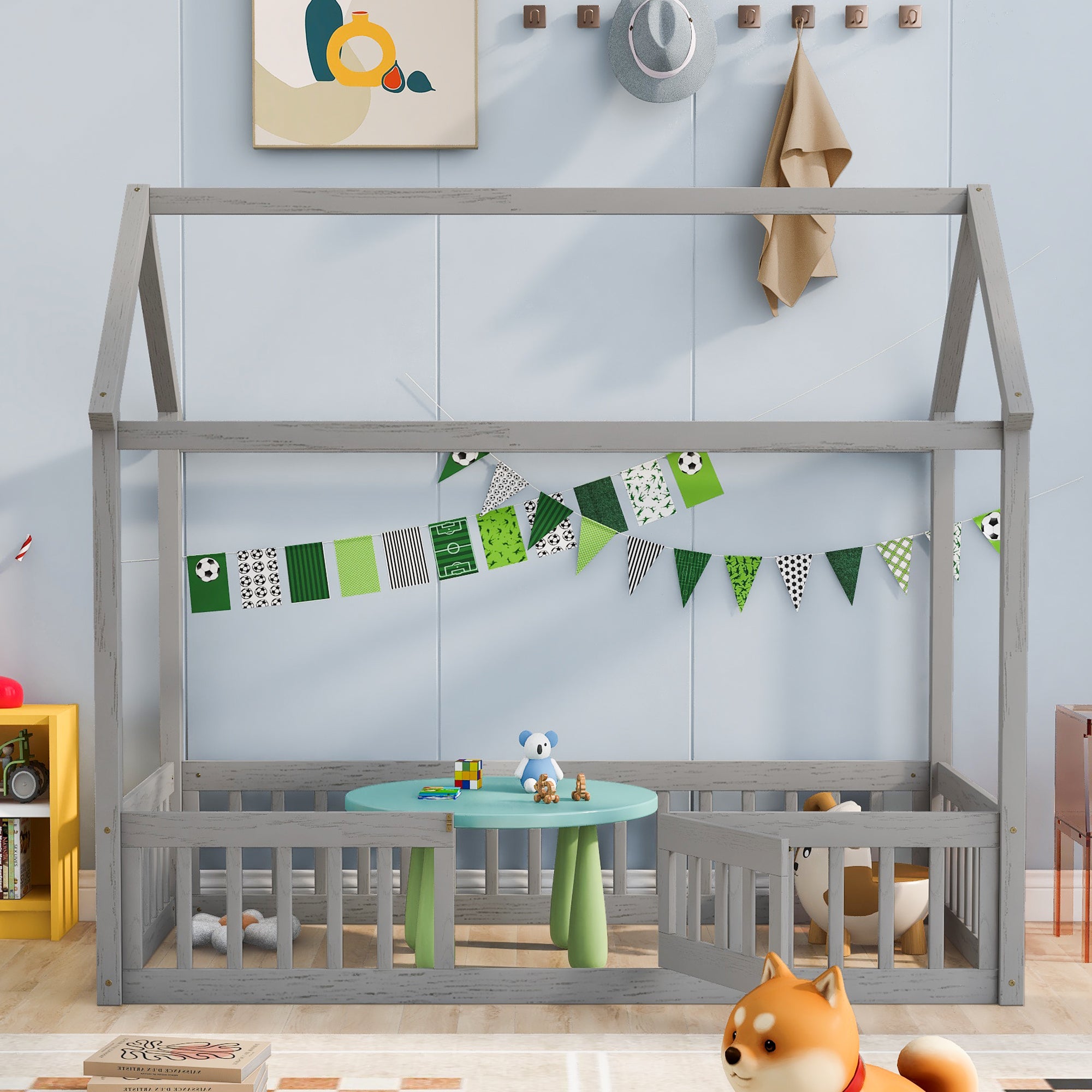 Twin Size Wood House Bed with Fence and Door, Gray Wash