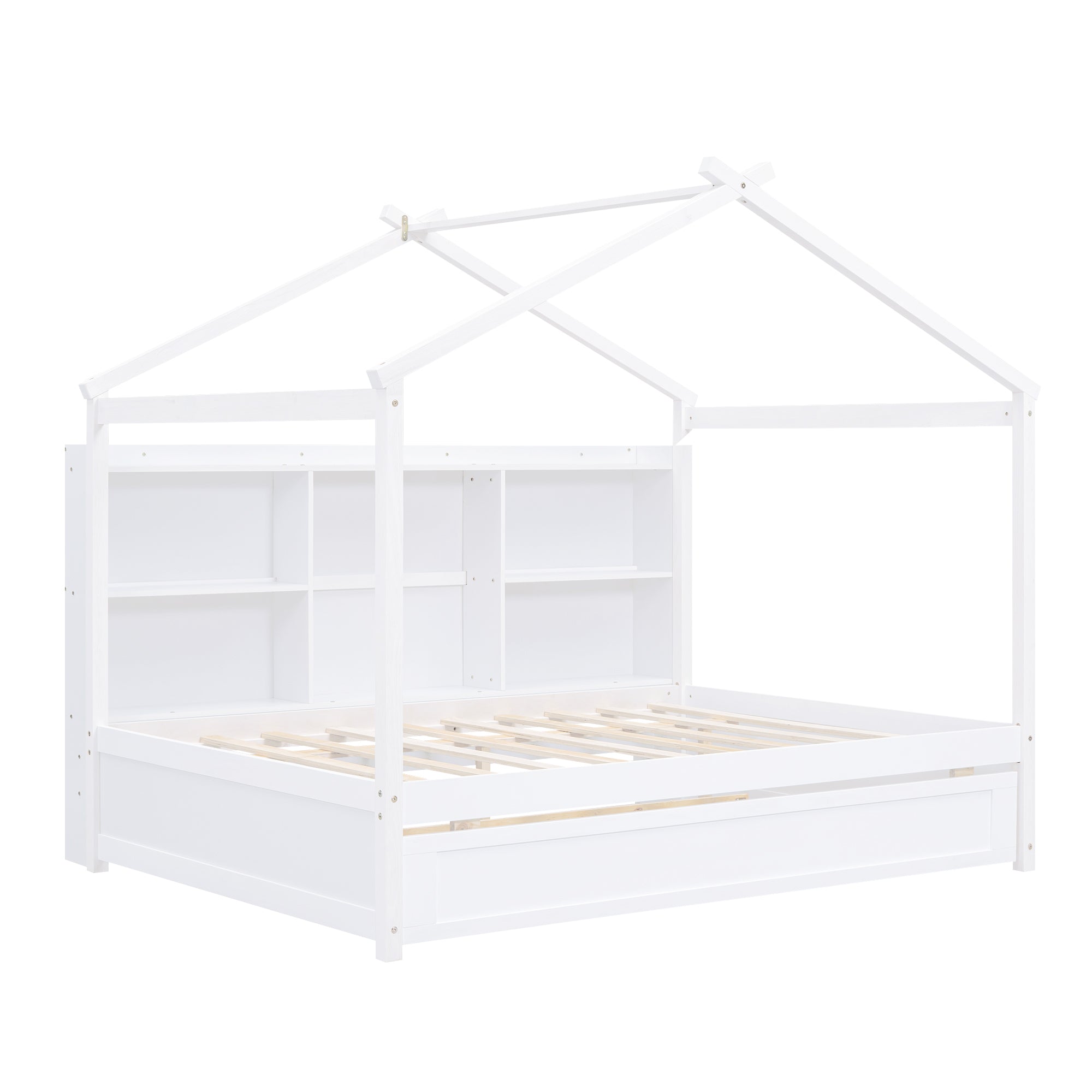 Full Size House Bed with Storage Shelves and Twin Size Trundle, Brushed White