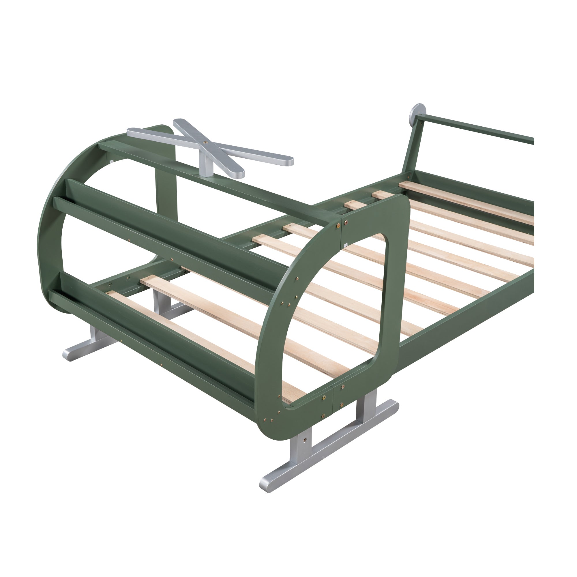 Twin Size Plane Shaped Platform Bed with Rotatable Propeller and Shelves, Green