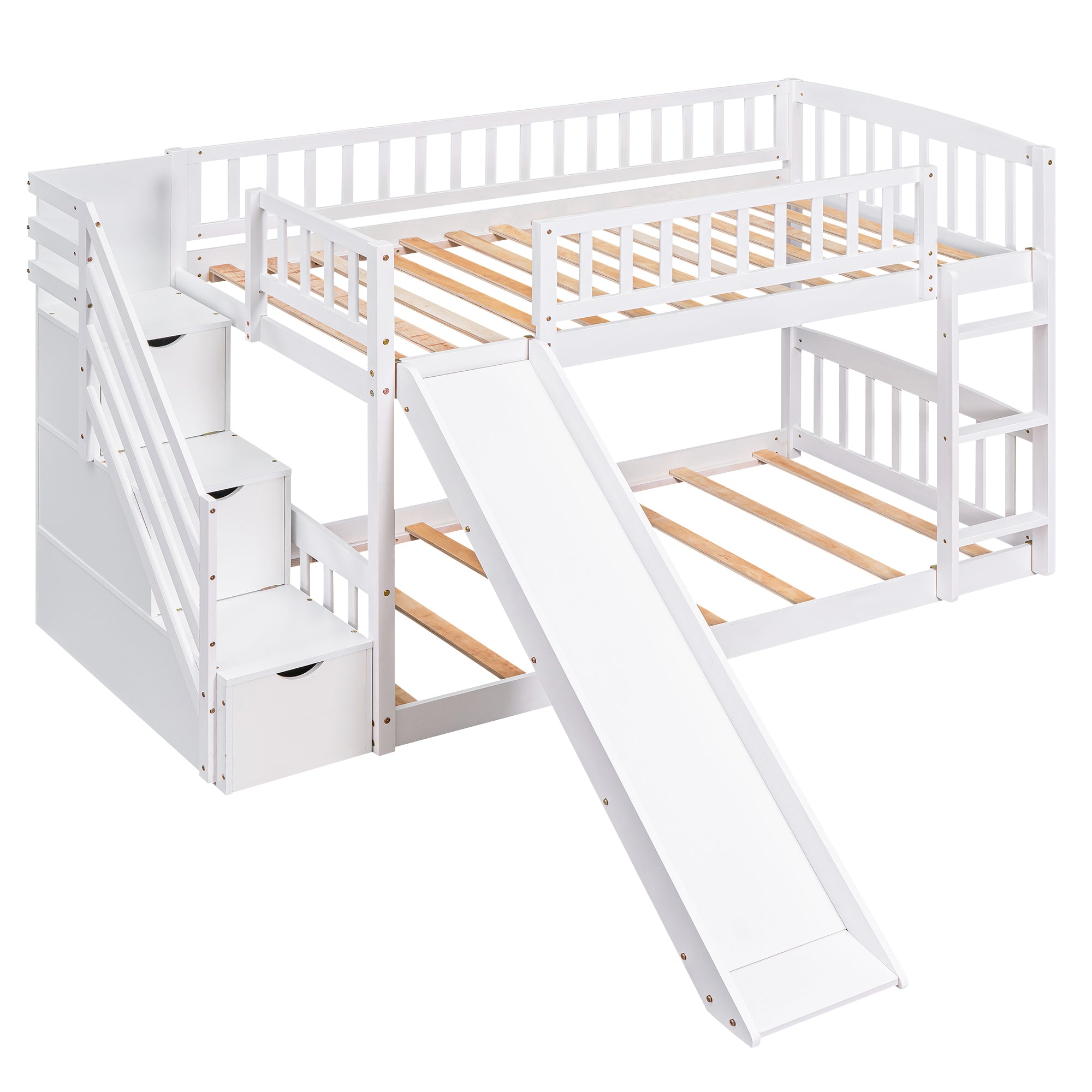 Stairway Twin over Twin Bunk Bed with Two Drawers and Slide, White(OLD SKU :LT000155AAK)