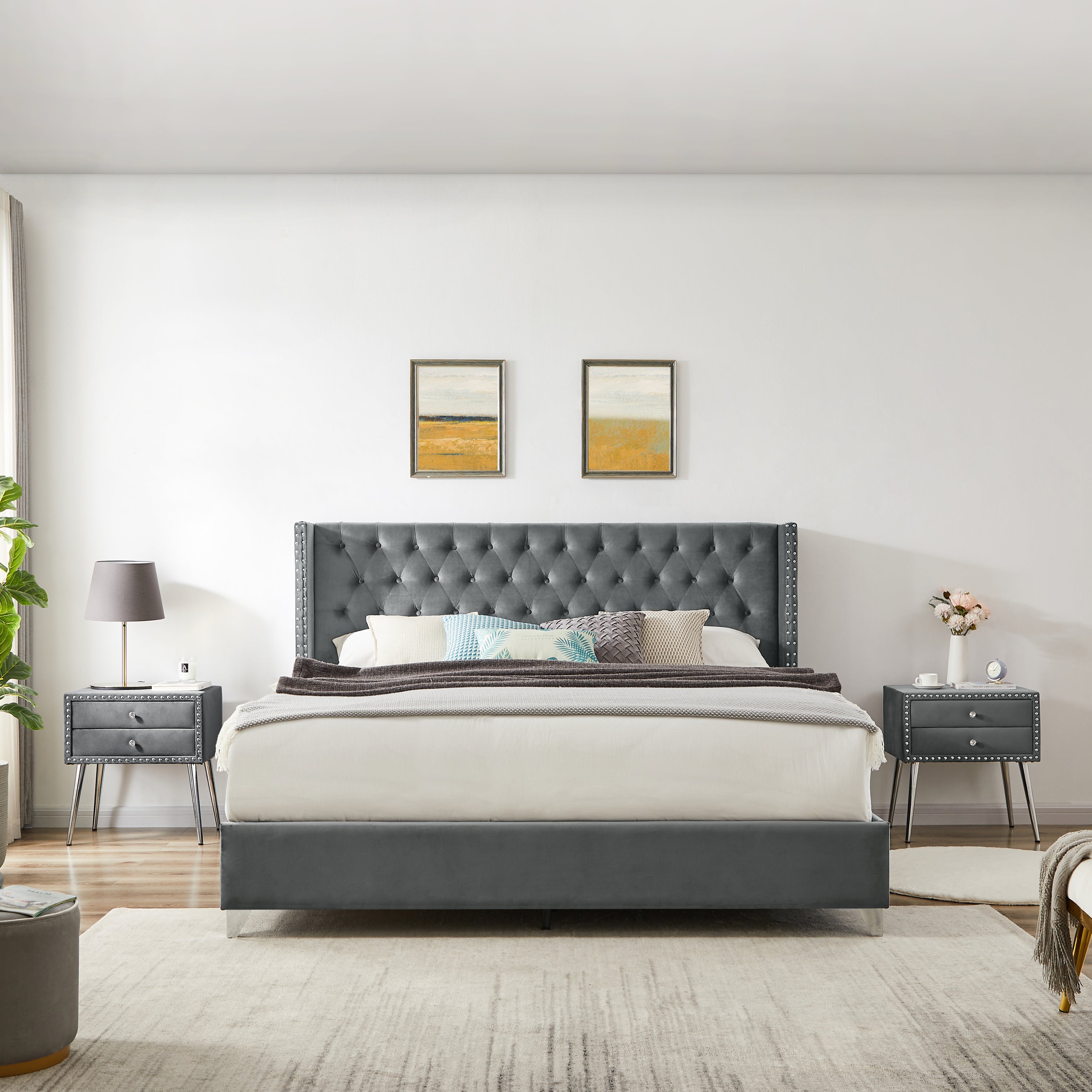 B100S King bed with one nightstand, Button designed Headboard,strong wooden slats + metal legs with Electroplate