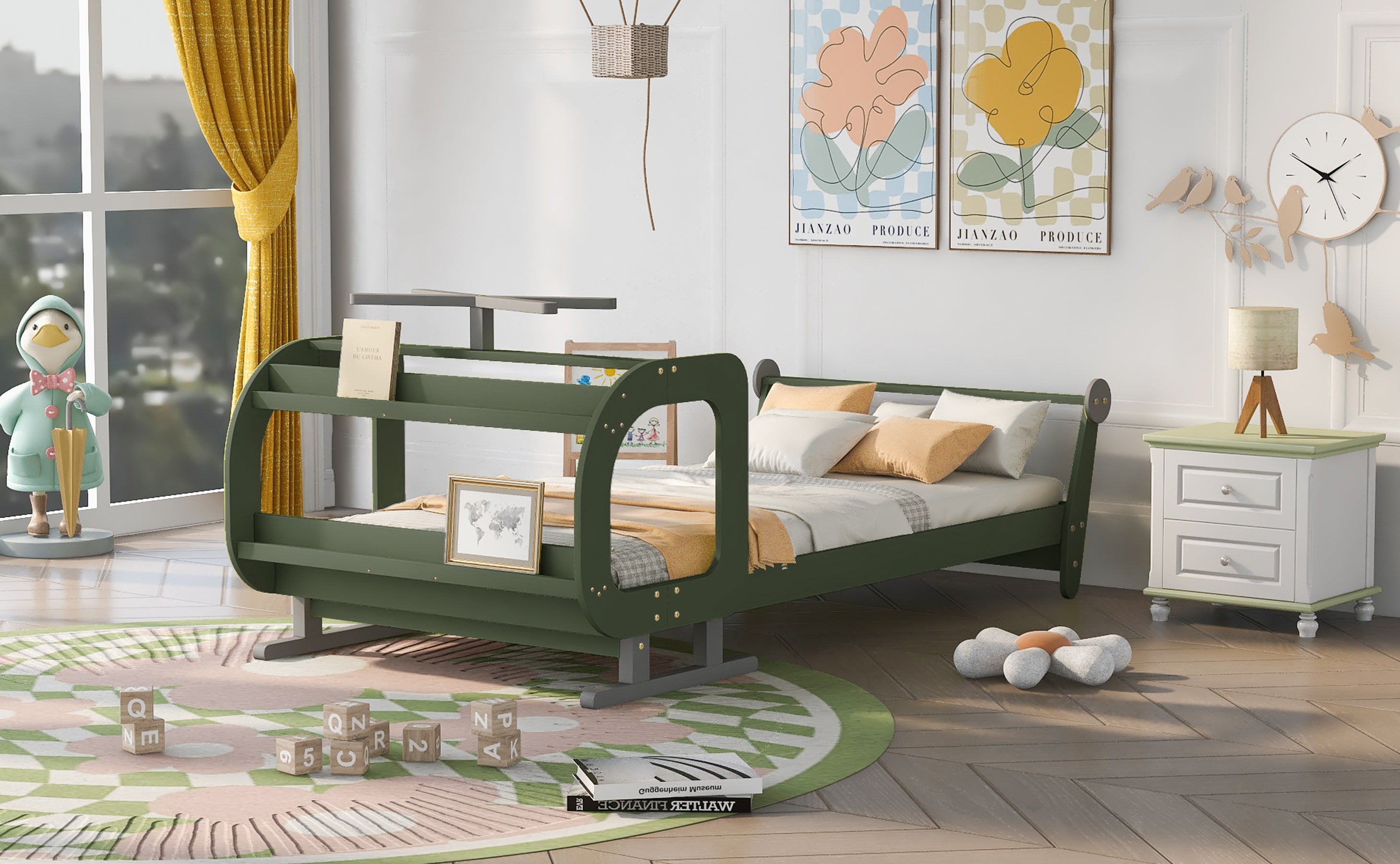 Twin Size Plane Shaped Platform Bed with Rotatable Propeller and Shelves, Green