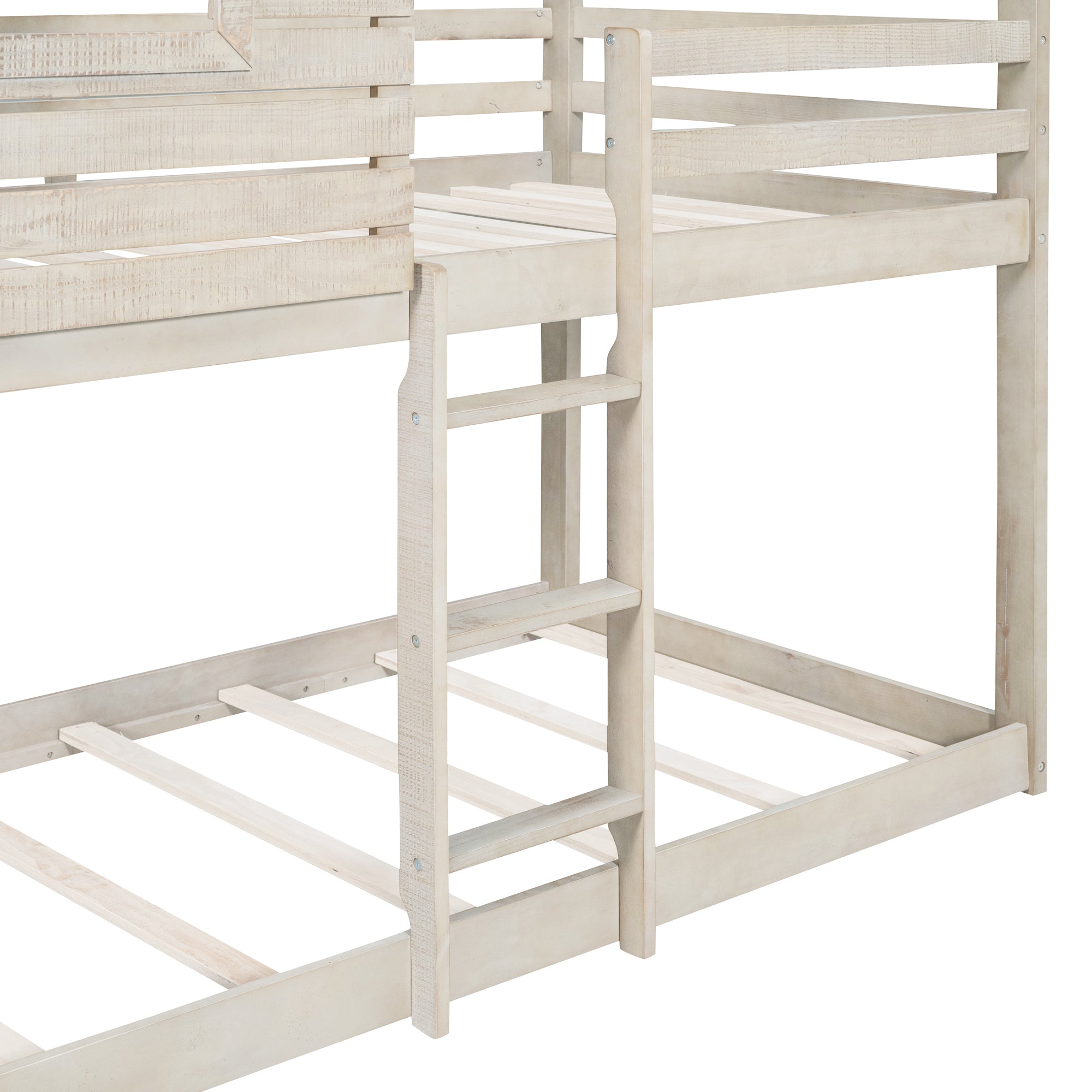 Twin Over Twin Bunk Bed Wood Loft Bed with Roof, Window, Guardrail, Ladder (Antique White )