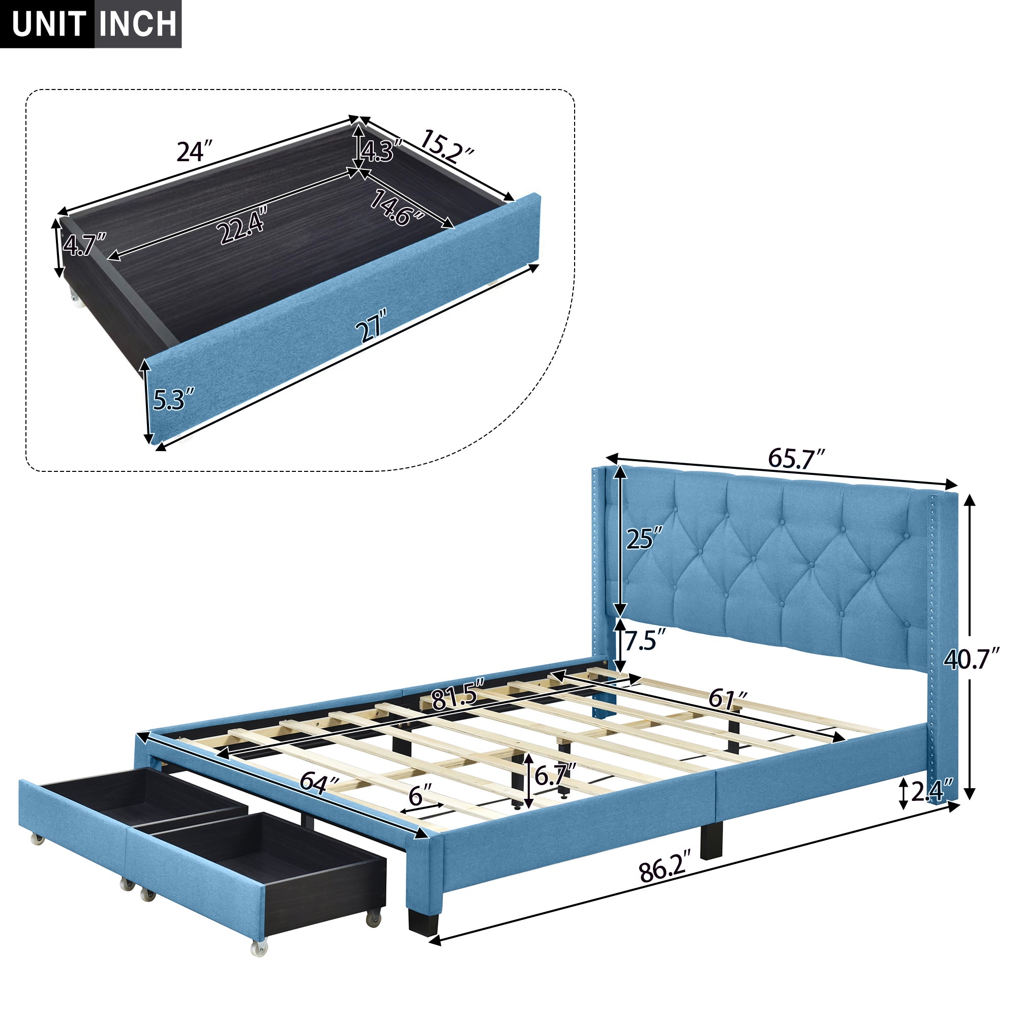 Queen Size Storage Bed Linen Upholstered Platform Bed with Two Drawers - Blue