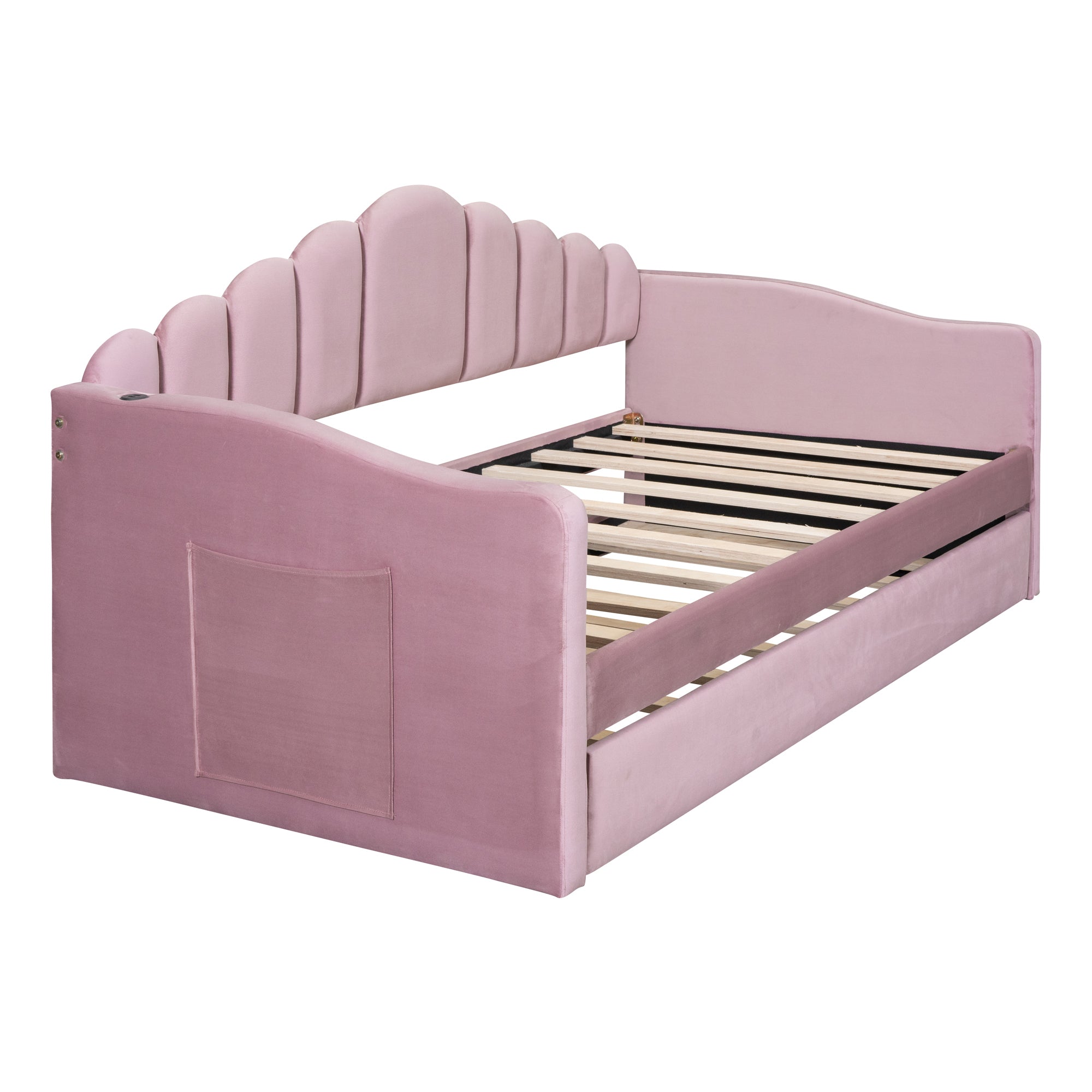 Twin size Upholstered Daybed with Trundle ,Velvet Sofabed with USB Charging Ports,No Box-spring Needed,Pink