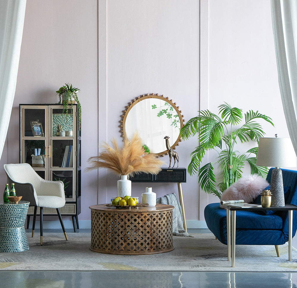 D34" Wood Round Mirror with Beaded Frame, Circle Wall Mirror for Living Room Bedroom Entryway