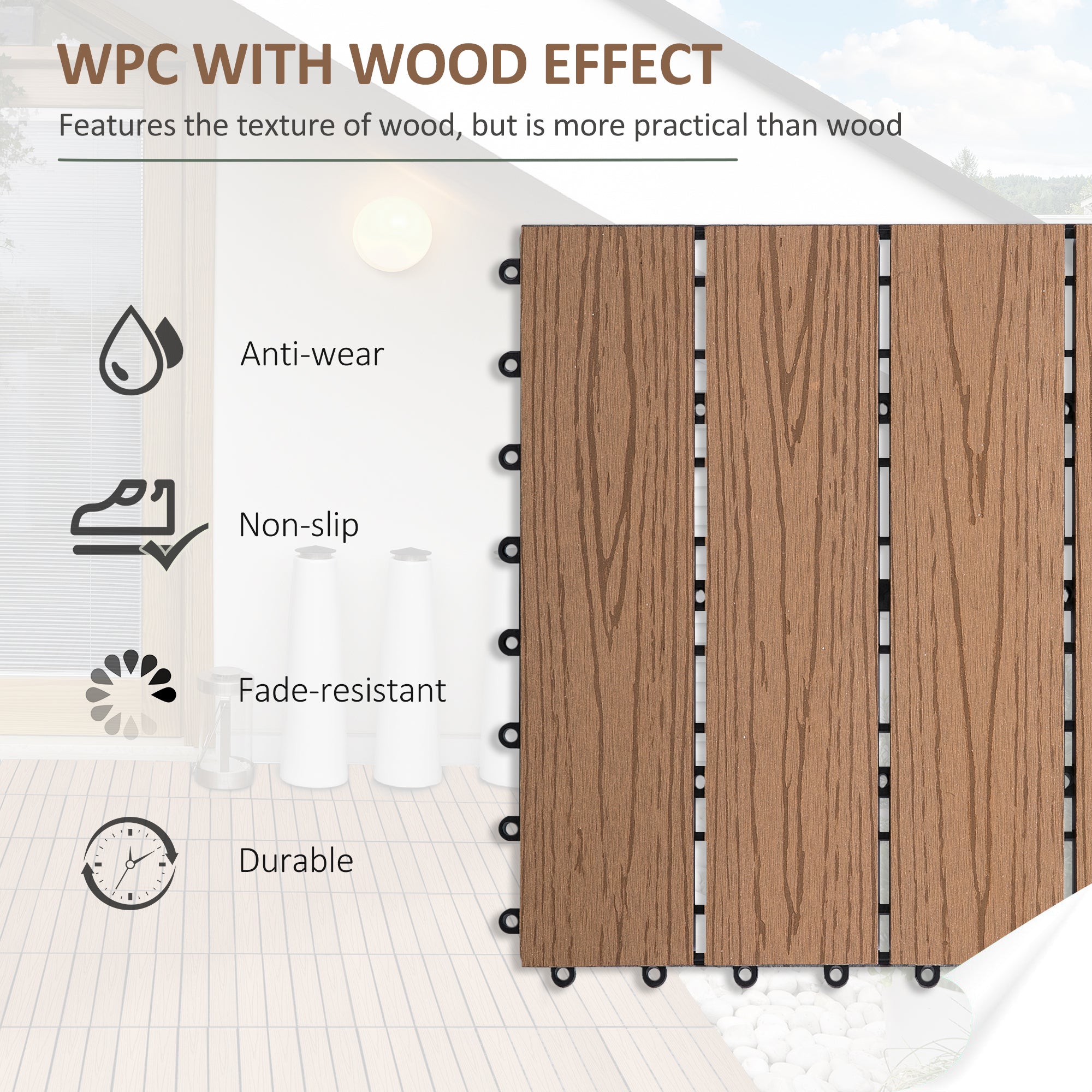 Outsunny Interlocking Deck Tiles, Pack of 11 Outdoor Flooring Patio Tiles, 12" x 12", All Weather for Porch, Balcony, Backyard for a New Classic Look, Teak