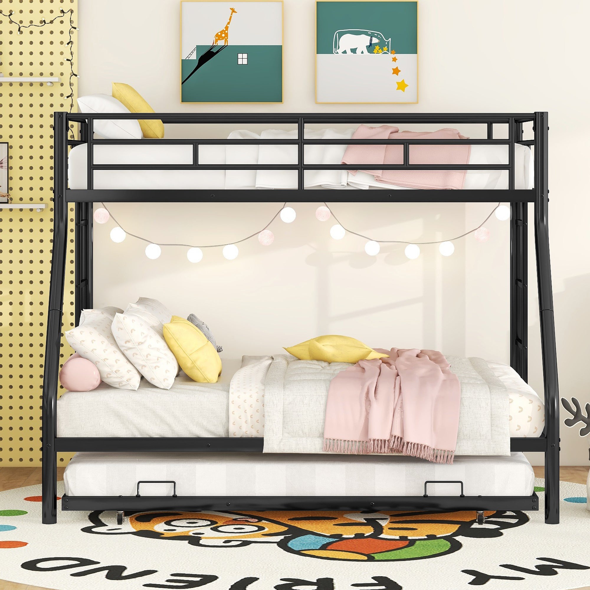 Twin over Full Bed with Sturdy Steel Frame, Bunk Bed with Twin Size Trundle, Two-Side Ladders, Black