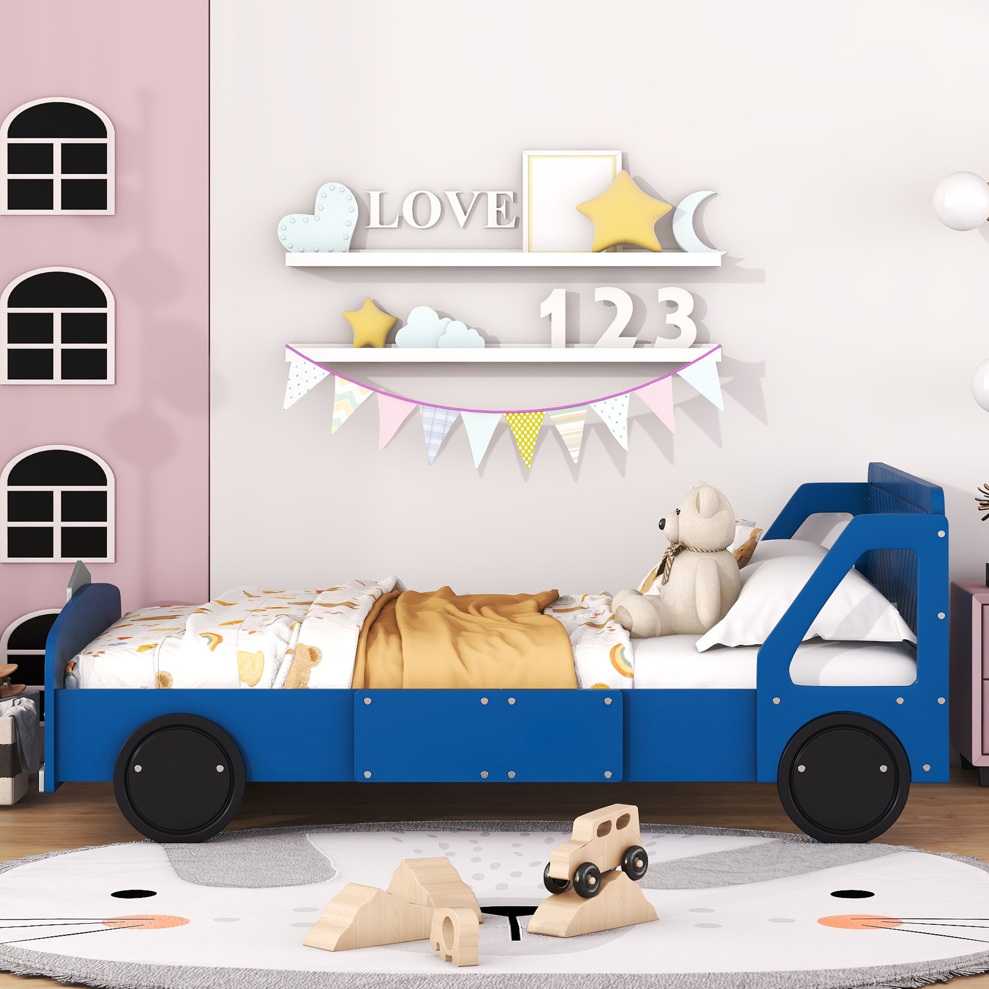 Full Size Car-Shaped Platform Bed with Wheels,Blue