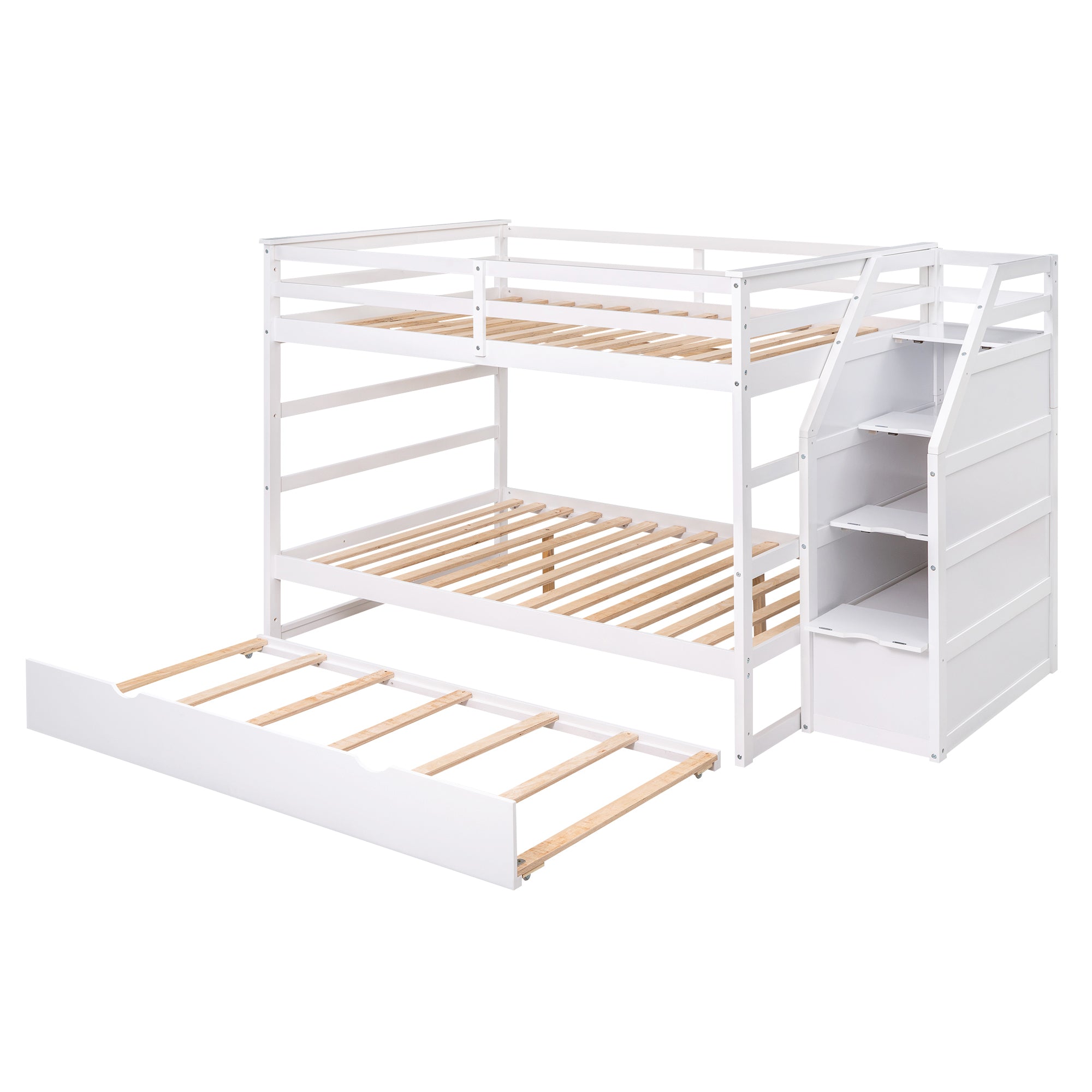 Full-over-Full Bunk Bed with Twin Size Trundle and 3 Storage Stairs,White