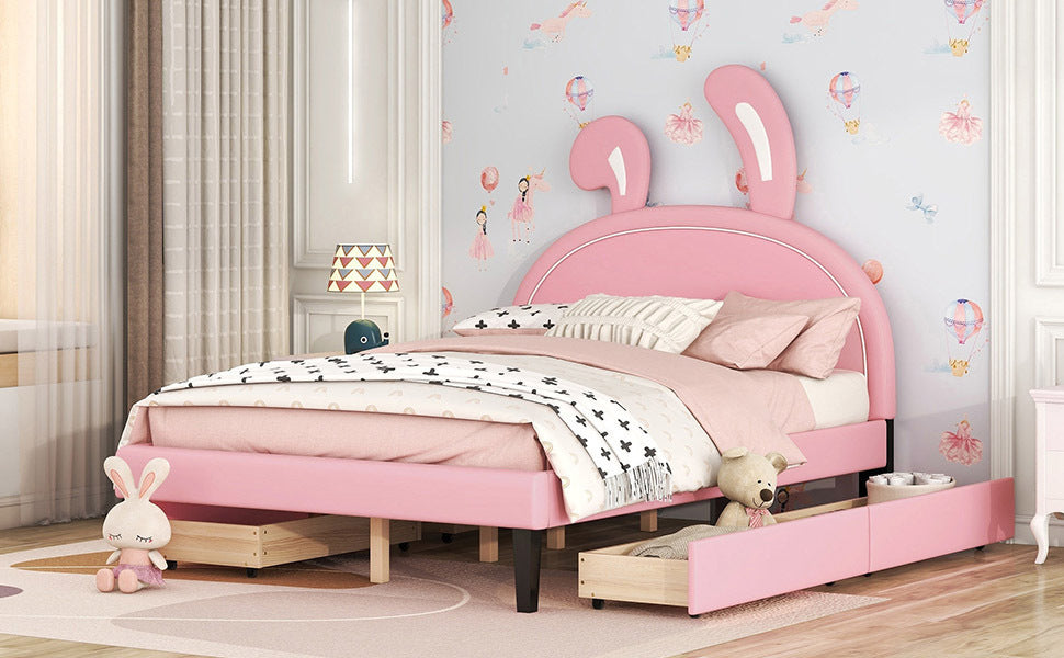 Full Size Upholstered Leather Platform Bed with Rabbit Ornament and 4 Drawers, Pink