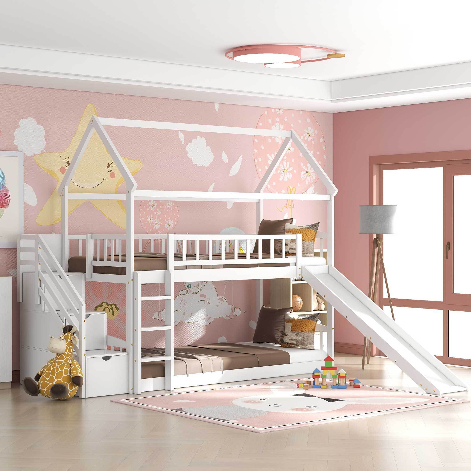 Twin Over Twin Bunk Bed with Drawers and Slide, House Bed with Slide,White(OLD SKU :LT000215AAK)