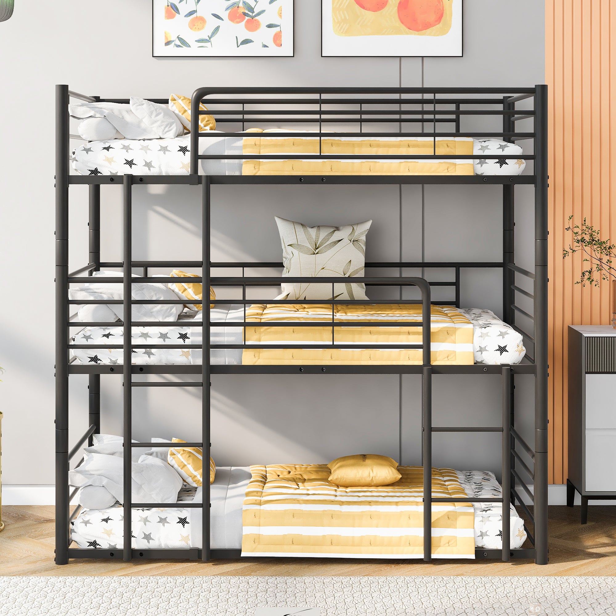 Twin-Twin-Twin Triple Bed with Built-in Ladder, Divided into Three Separate Beds,Black(OLD SKU:LP000197AAB)