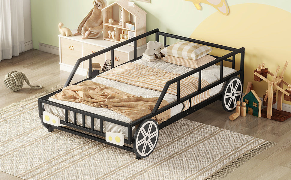 Metal Twin Size Car-shaped Platform Bed with Wheels and Headlights Decoration, Black