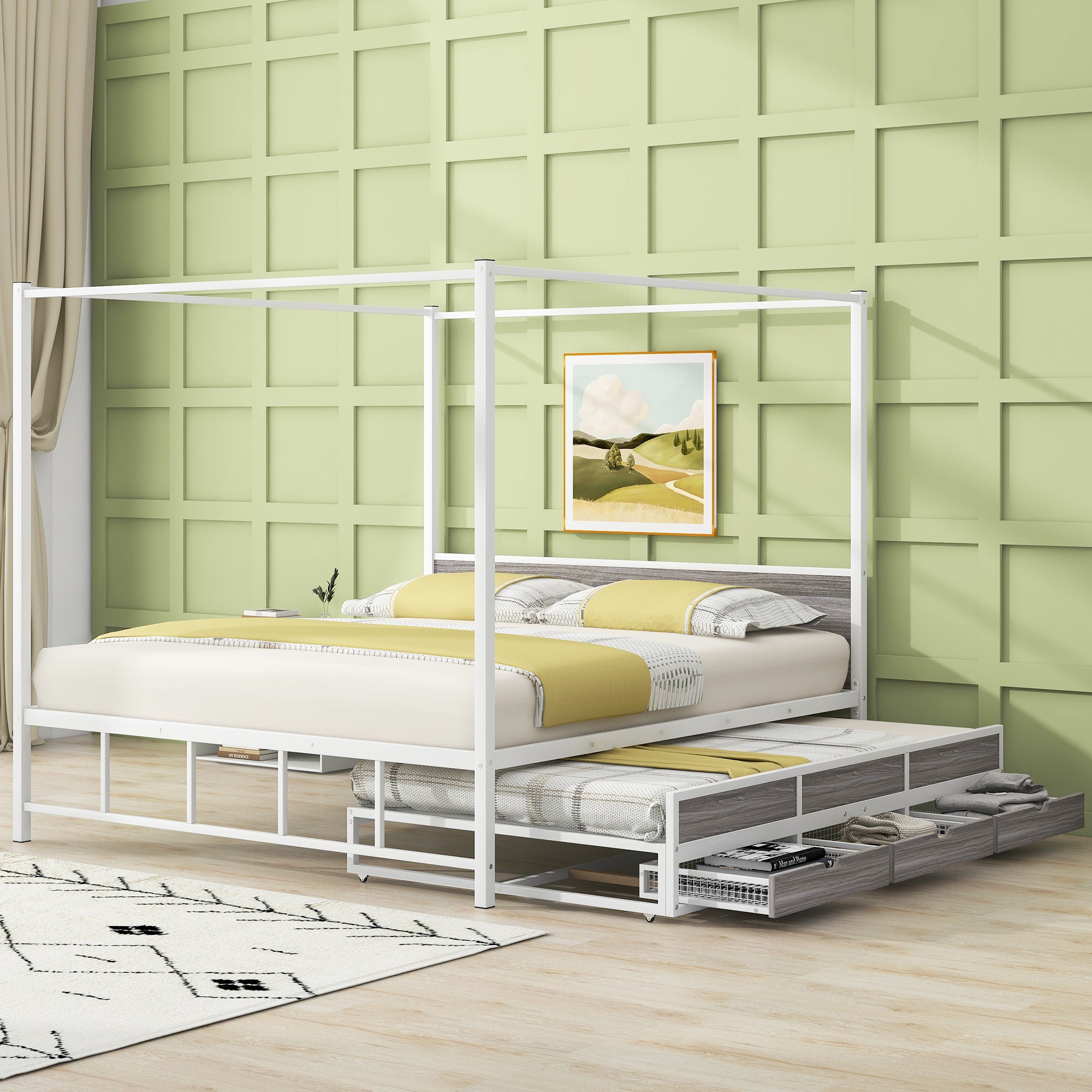 Queen Size Metal Canopy Platform Bed with Twin Size Trundle and 3 Storage Drawers, White