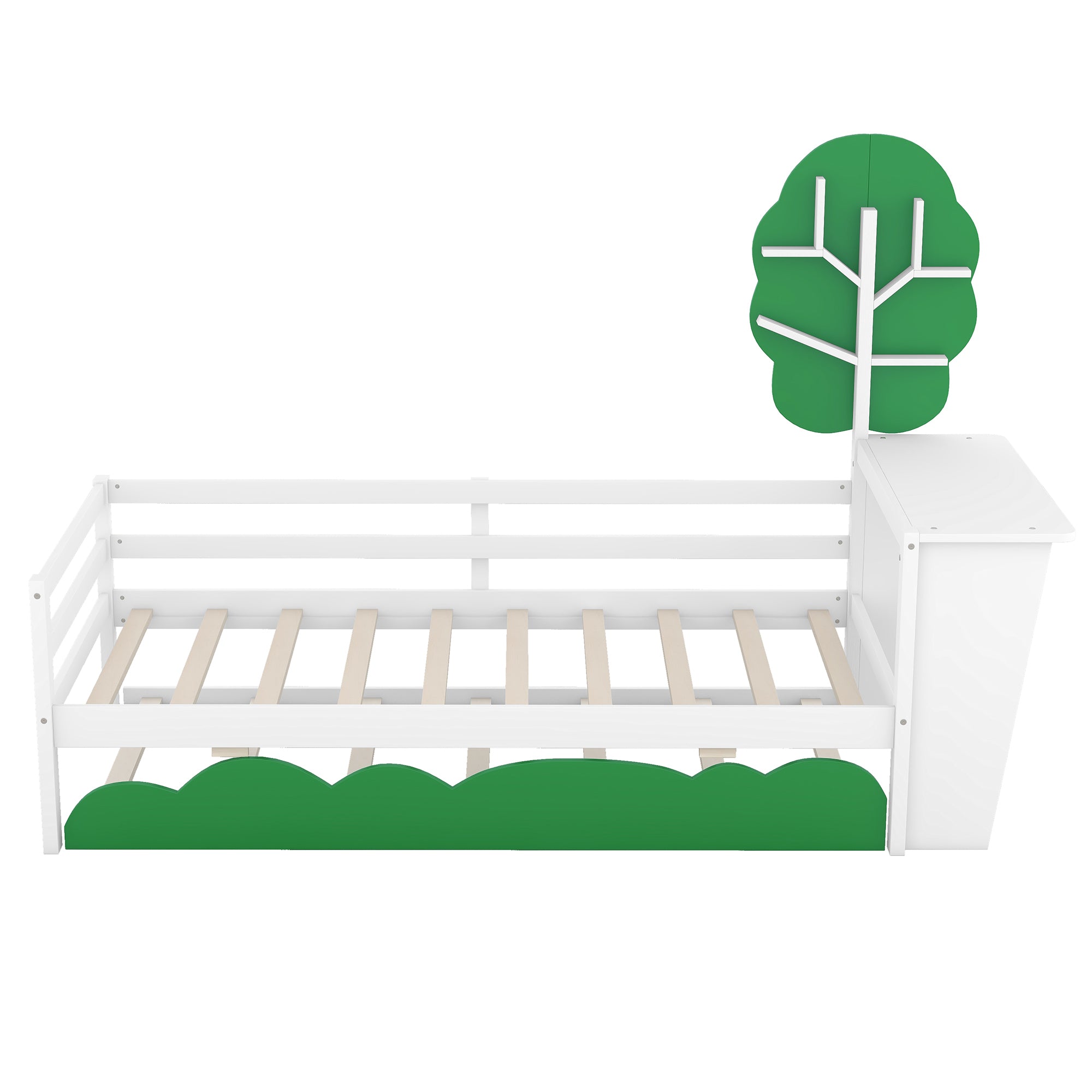 Twin Size Daybed with Desk, Green Tree Shape Shelves and Trundle, White