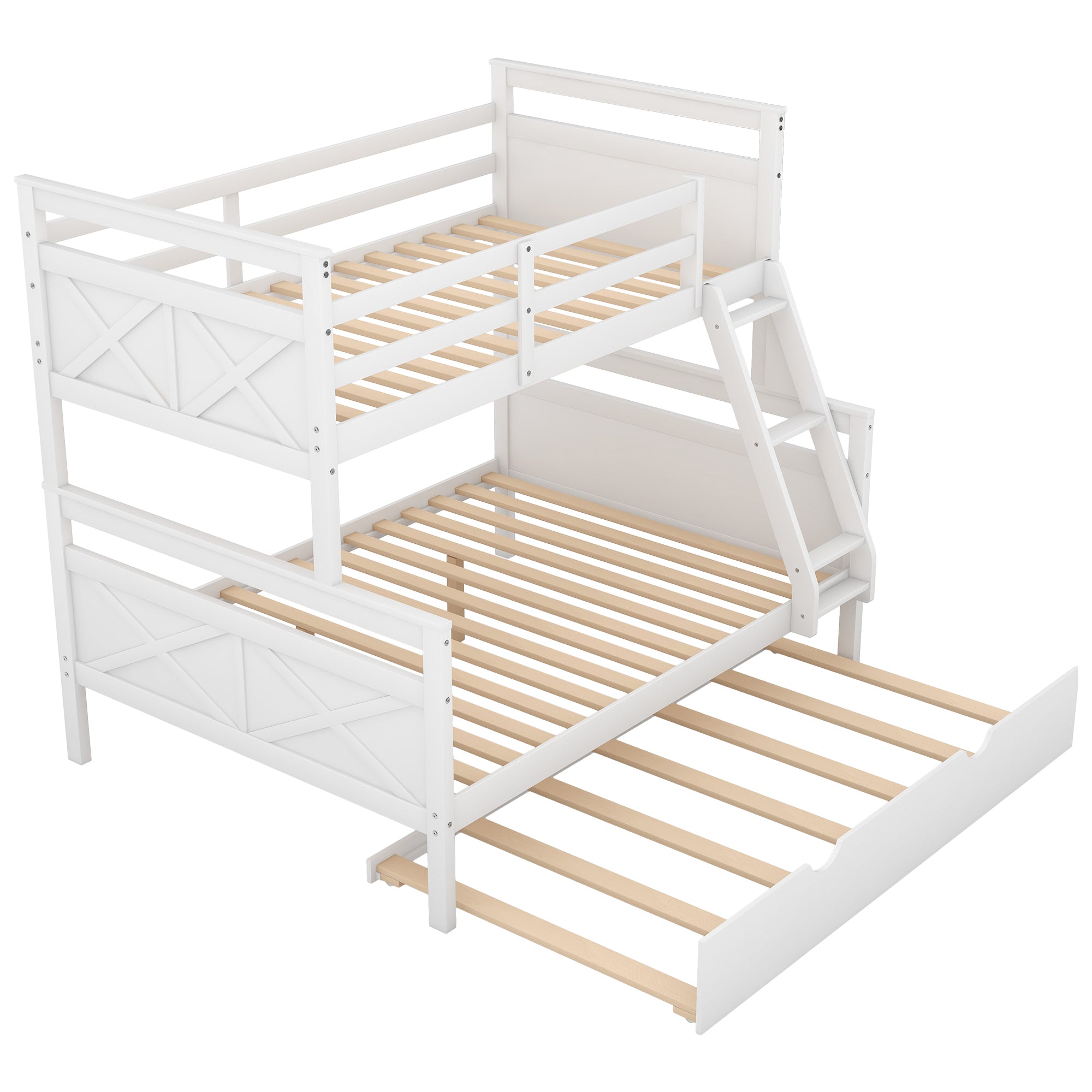 Twin over Full Bunk Bed with Ladder, Twin Size Trundle, Safety Guardrail, White