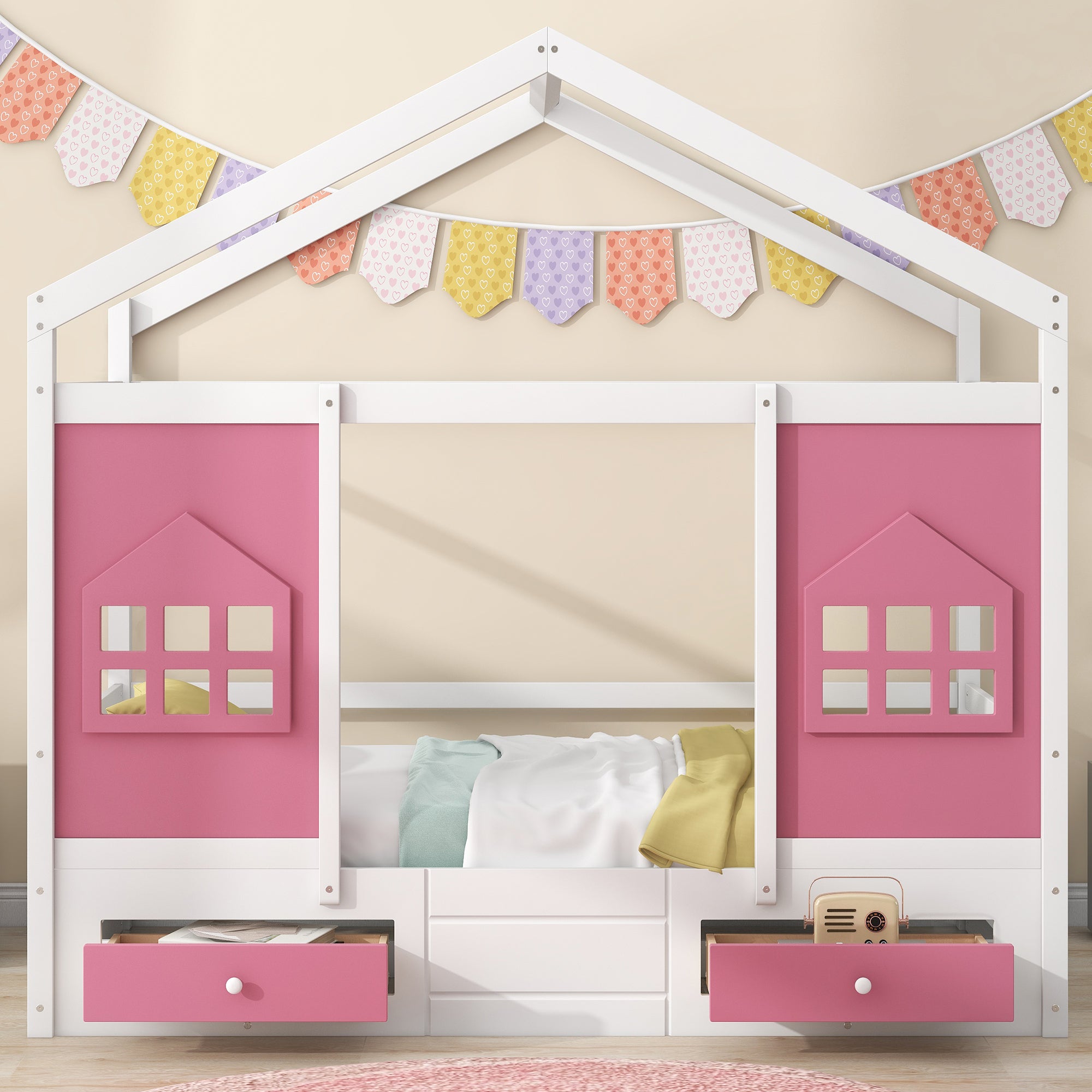 Twin Size Wood House Bed with 2 Drawers and Window Decoration, White+Pink