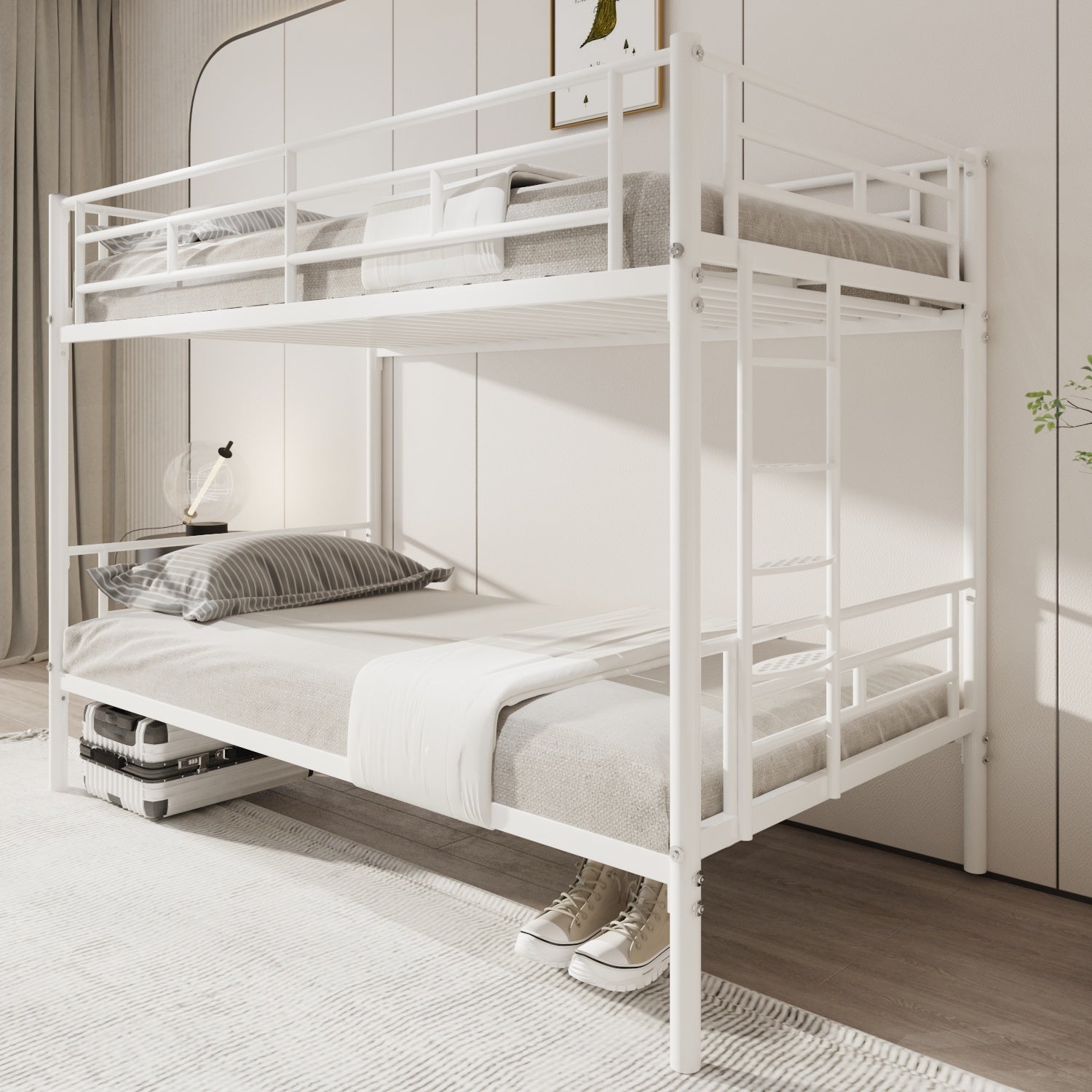 White Twin over Twin Metal Bunk Bed with Removable Ladder, Comfortable Rungs, Easy to assemble