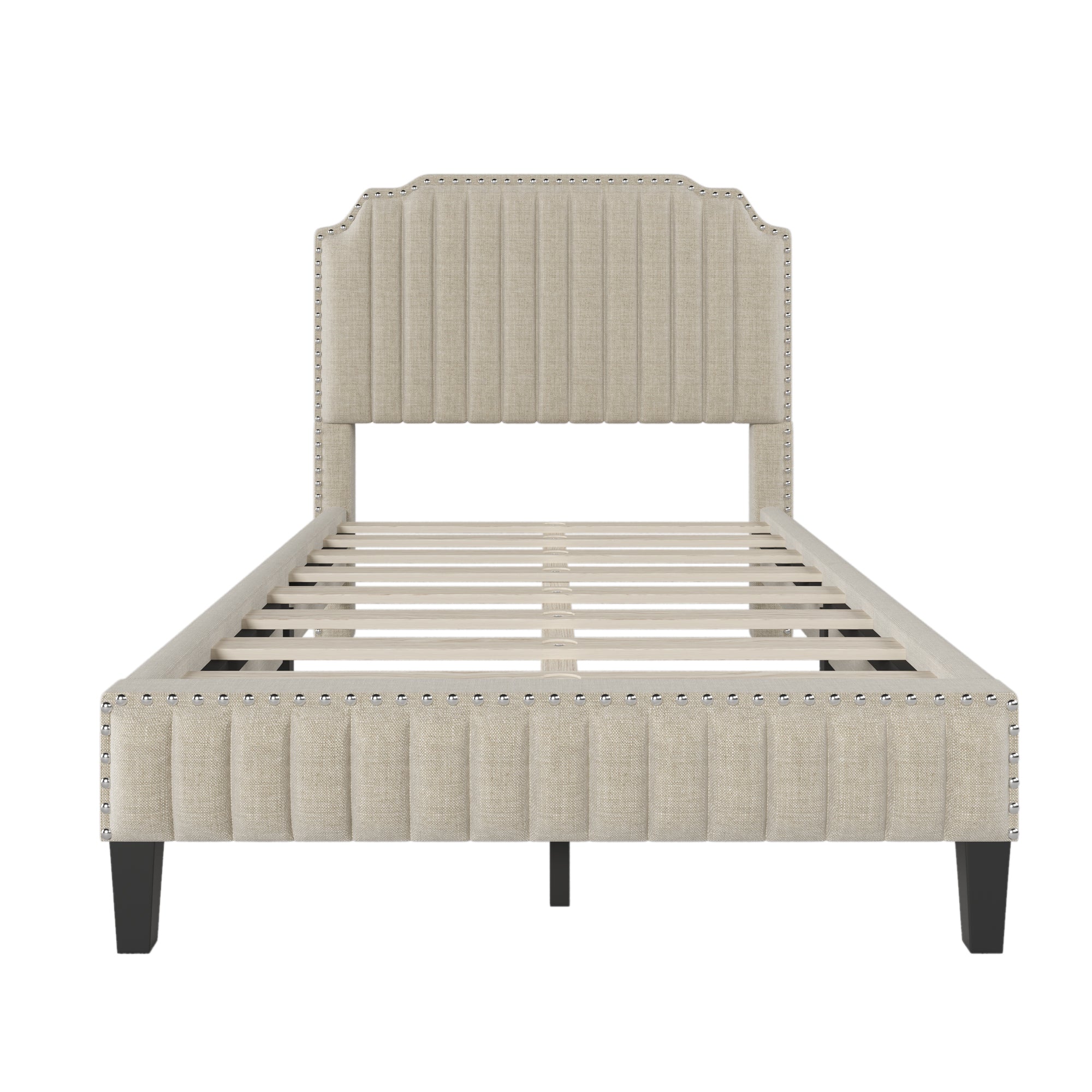 3 Pieces Bedroom Set Modern Linen Curved Upholstered Beige Platform Full Bed with Two Black Cherry Nightstands