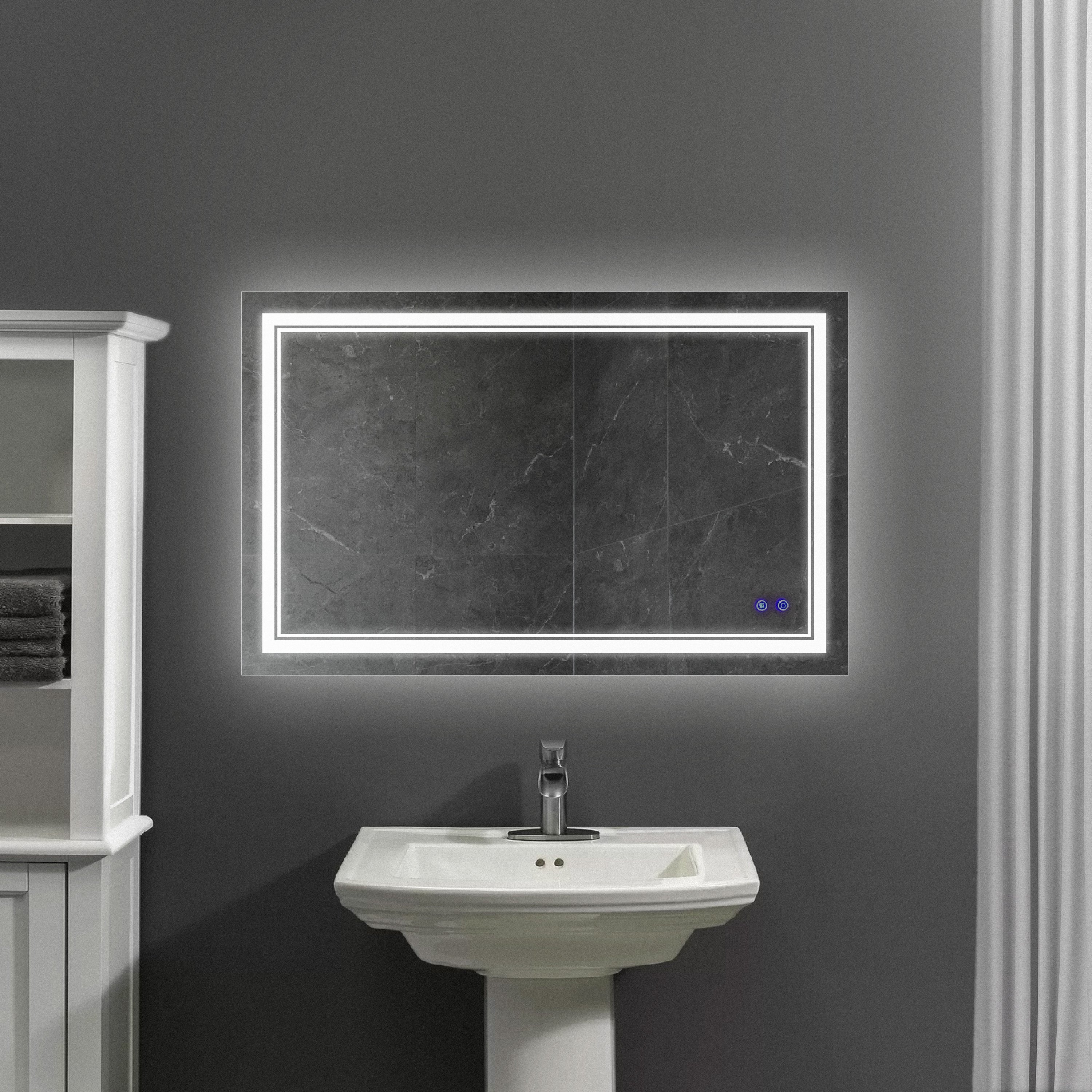 40 x 24 Inch Frameless LED Illuminated Bathroom Wall Mirror, Touch Button Defogger, Rectangular, Silver
