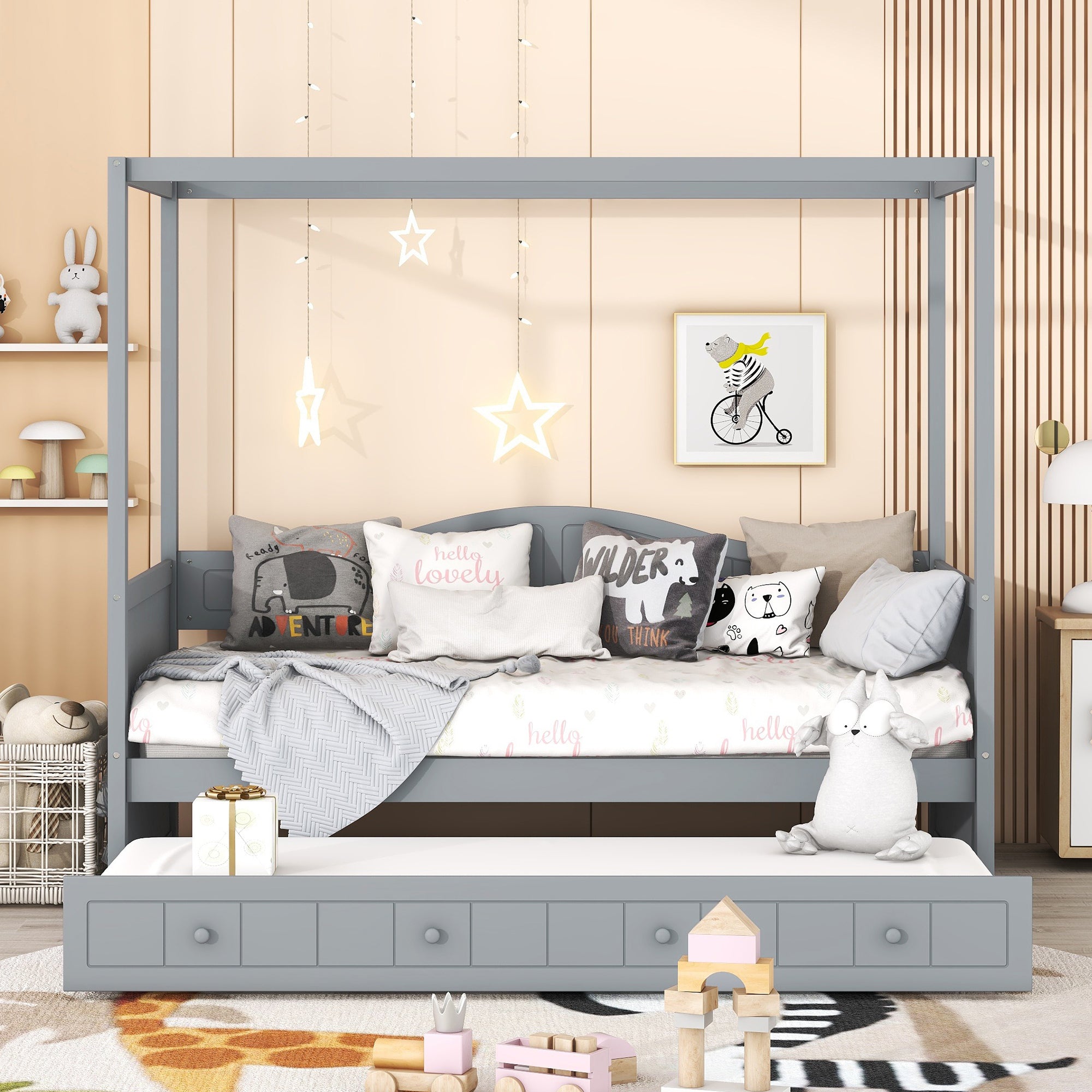 Twin Size Canopy Day Bed with twin size Trundle, Gray