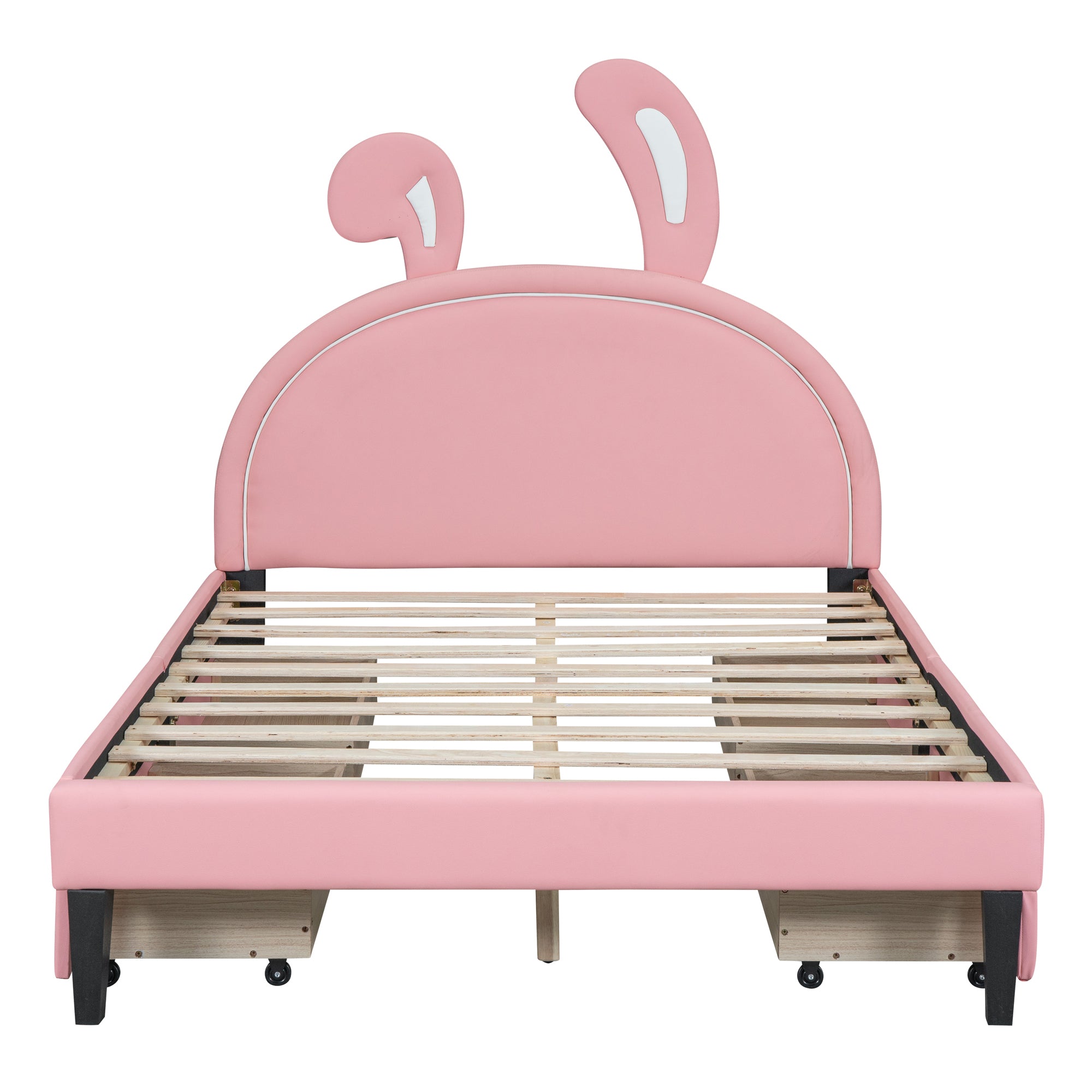 Full Size Upholstered Leather Platform Bed with Rabbit Ornament and 4 Drawers, Pink