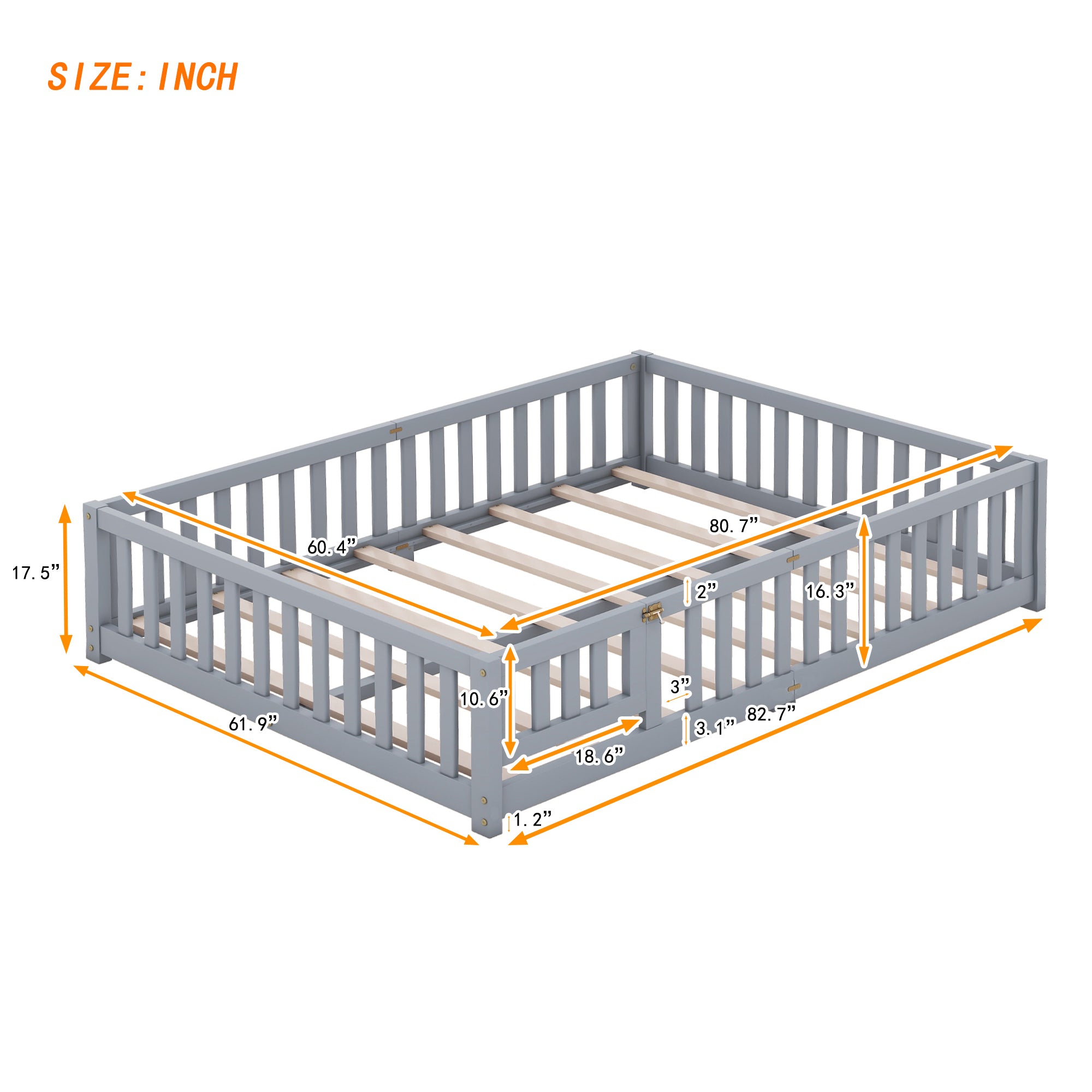 Queen Size Bed Floor Bed with Safety Guardrails and Door for Kids, Gray (Expect Arrival Date Nov.2nd)