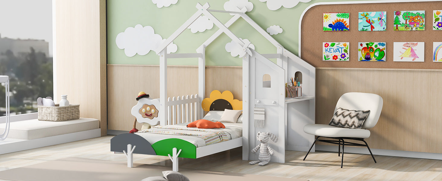 Twin Size Platform Bed with Windmill and Flower Decor, House Bed with Desk and two Handles, White