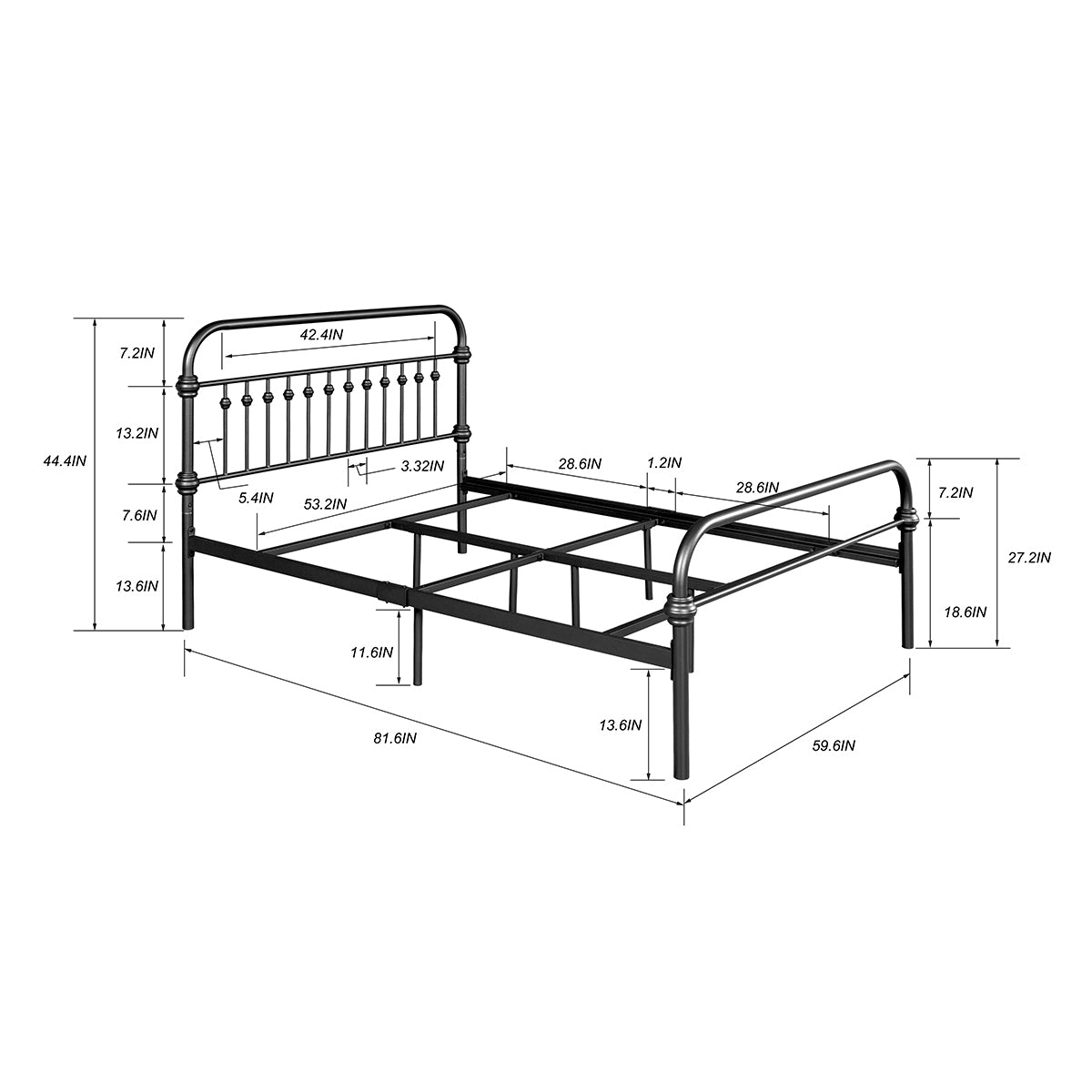 81.6" L X 59.6" W X 44.4"H Metal Bed Frame Full Size Standerd Bed Frame - BLACK