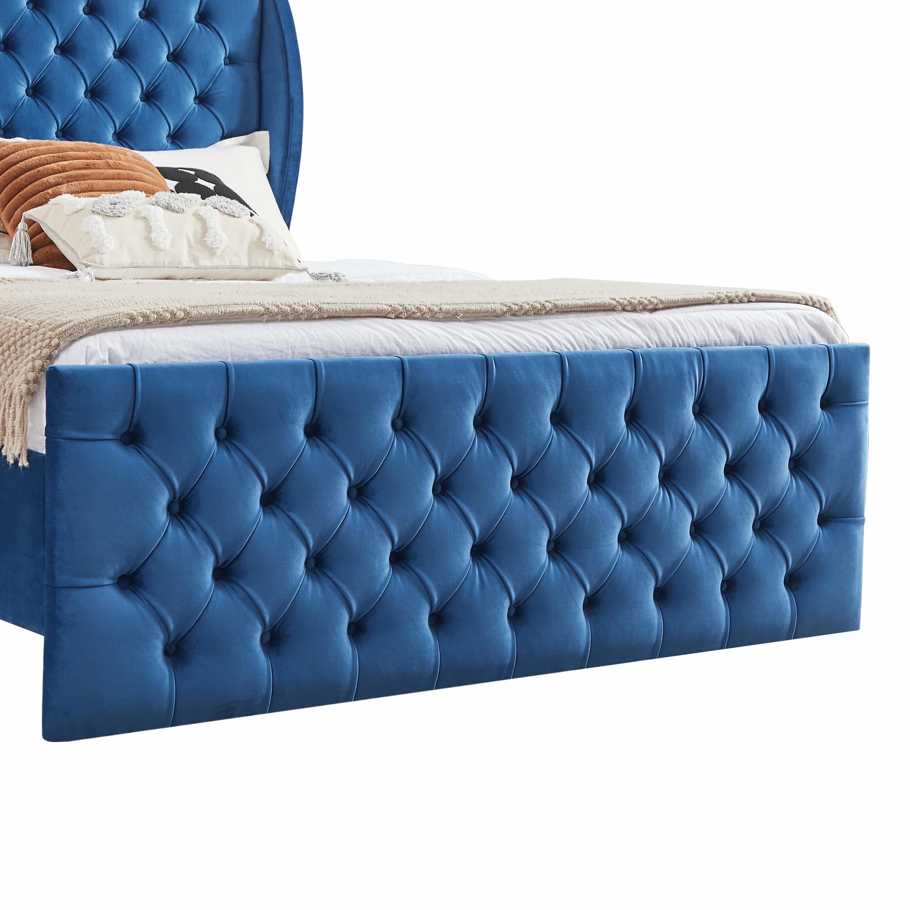 Rodeo Drive Collection Upholstered Wingback Velvet Fabric Chesterfield Bed/Button Tufted Headboard with Vintage Wing/Wood Slat Support/Easy Assemble. King-Blue