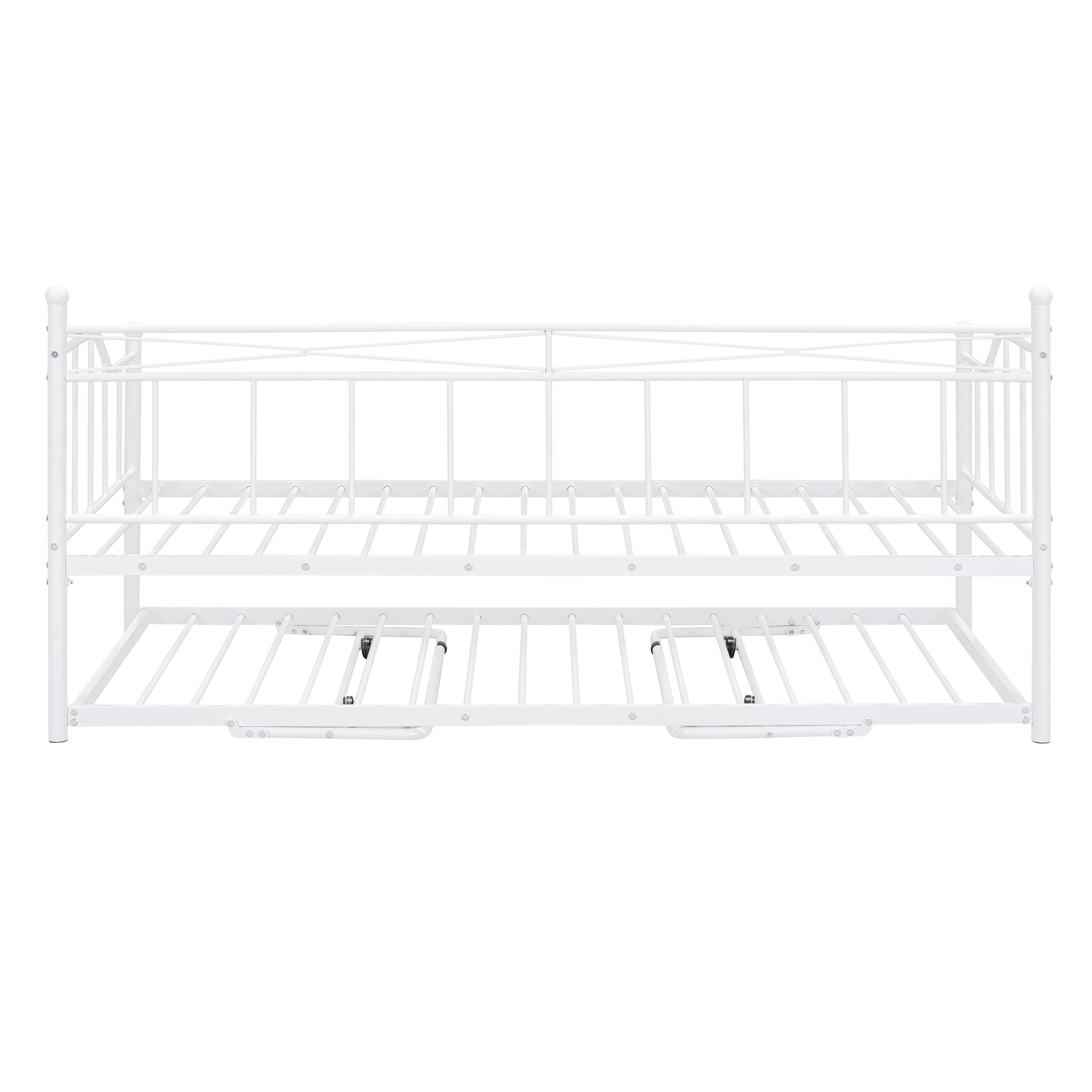 Twin Size Metal Daybed with Twin Size Adjustable Trundle, Portable Folding Trundle, White