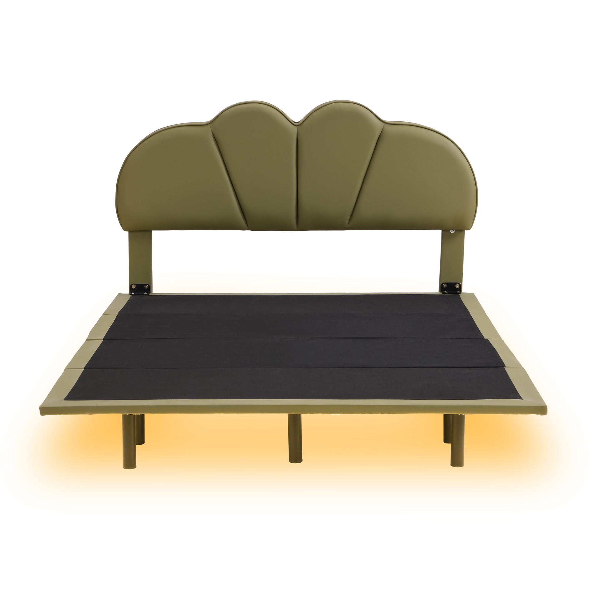 Full Size Upholstery Platform Bed with PU Leather Headboard and Support Legs,Underbed LED Light,Green